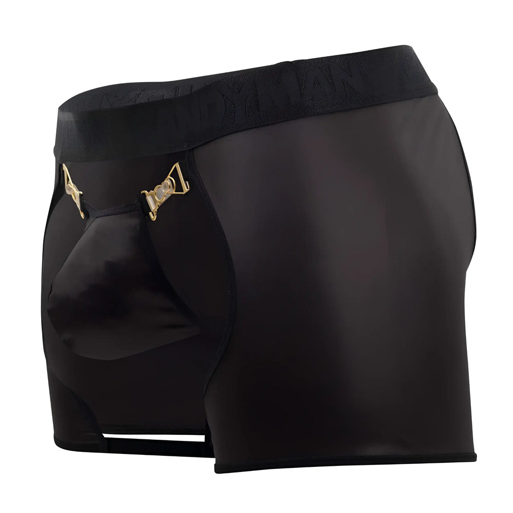 Black satin briefs with gold-tone metal clasps and textured waistband CandyMan 99637 Chaps Thongs in black