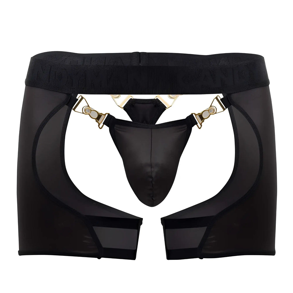 Black sheer mesh garter belt with gold tone clasps and central black thong candy man 99637 chaps thongs
