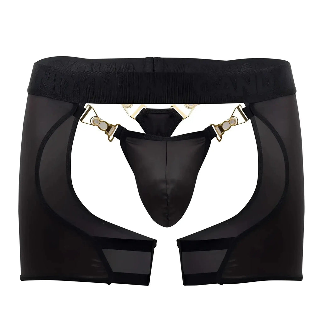 Black sheer mesh garter belt with gold tone clasps and central black thong candy man 99637 chaps thongs