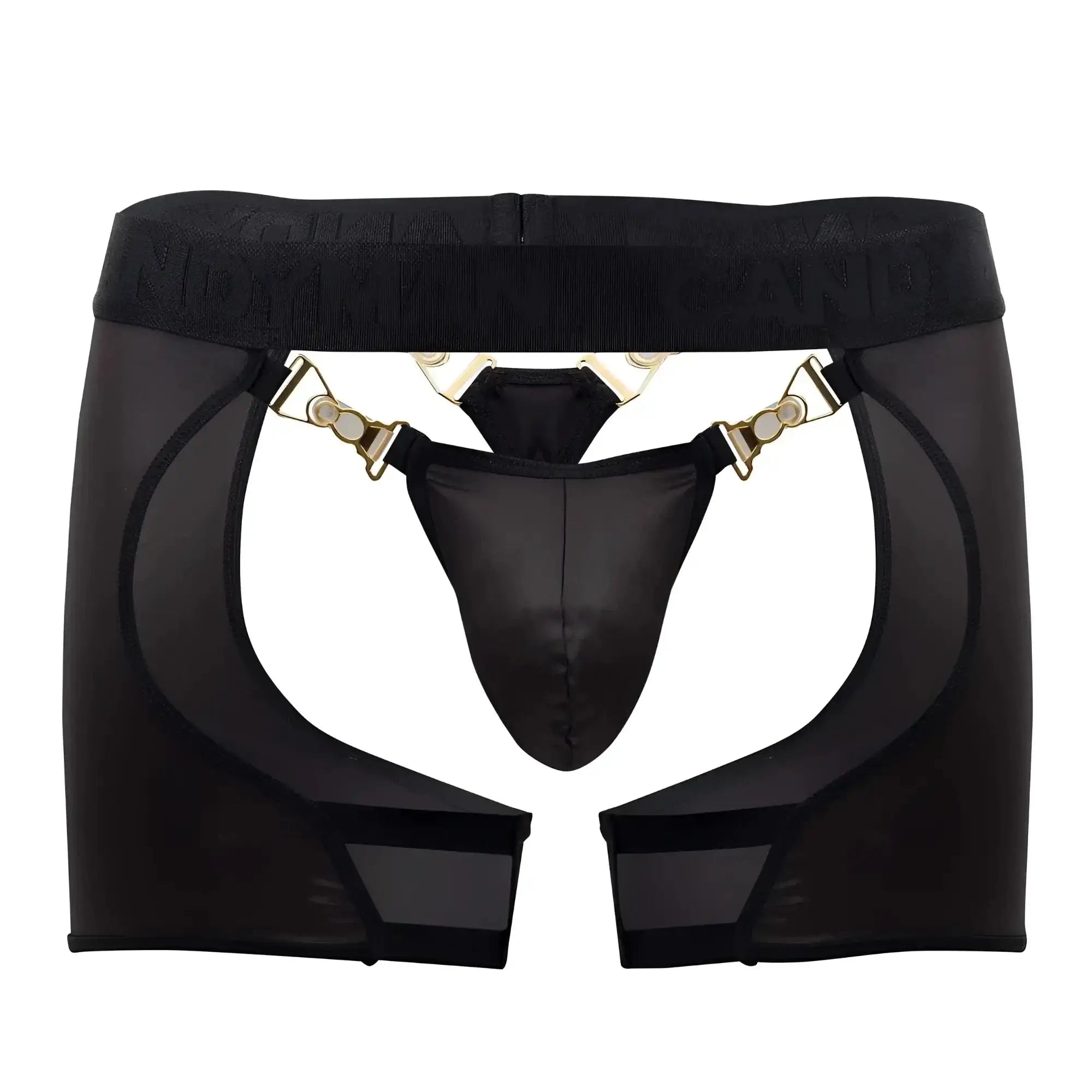 Black sheer mesh garter belt with gold tone clasps and central black thong candy man 99637 chaps thongs