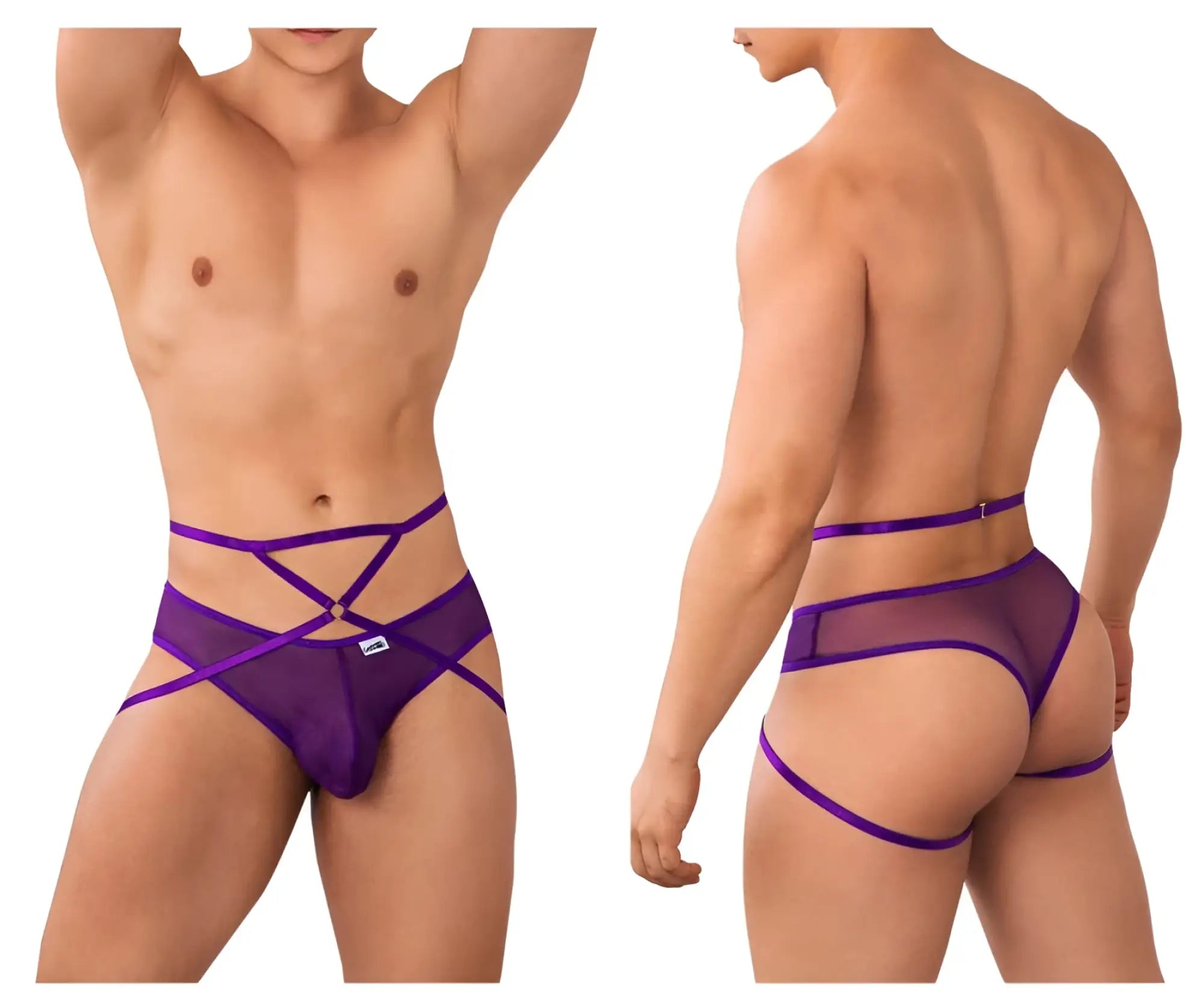 Purple CandyMan 99640 mesh briefs with crisscross straps and a small brand tag in front view
