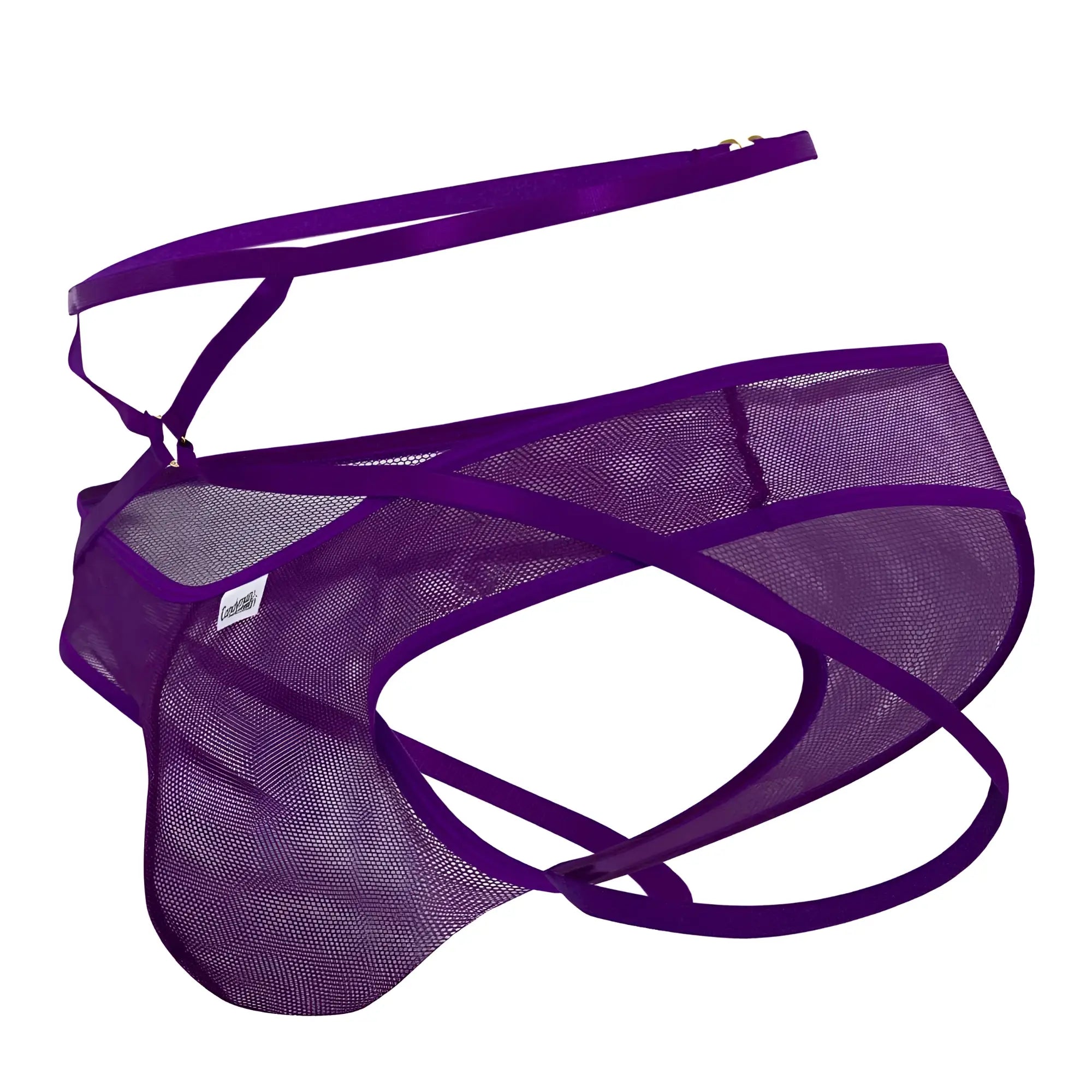 Purple mesh mens underwear with satin straps and branded tag candy man 99640 mesh thongs front view