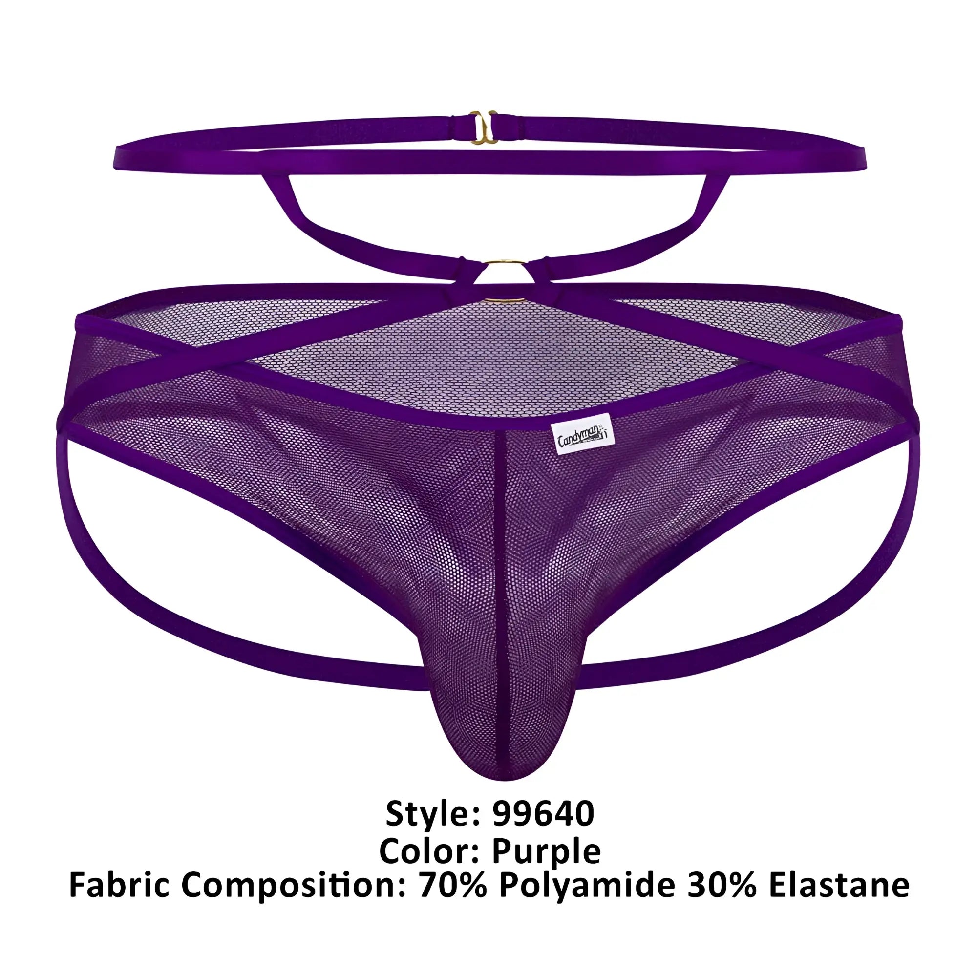 Purple candyman 99640 mesh thong featuring a crisscross design and adjustable straps visible from the back side