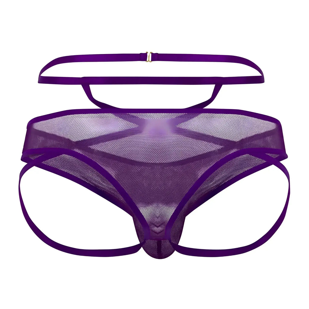 Purple candyman 99640 mesh thong with satin straps and metallic clasp showing the back side of the product