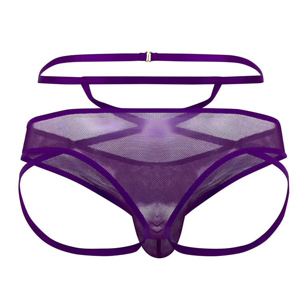 Purple candyman 99640 mesh thong with satin straps and metallic clasp showing the back side of the product