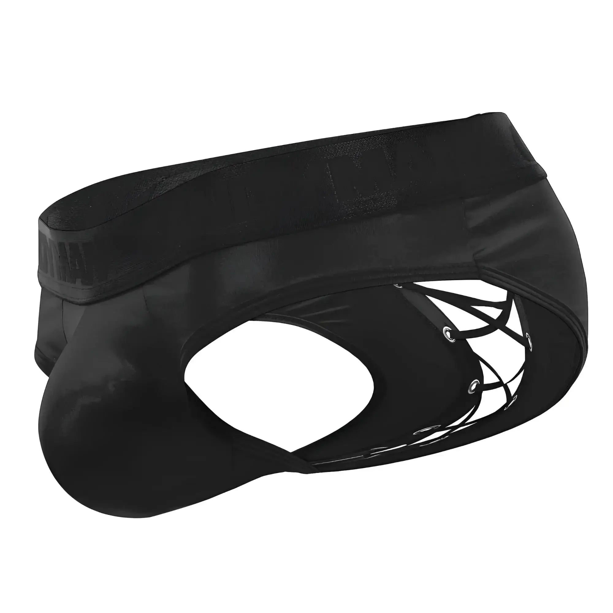 Black satin like CandyMan 99641 shorty briefs with lace up design and elastic waistband for men
