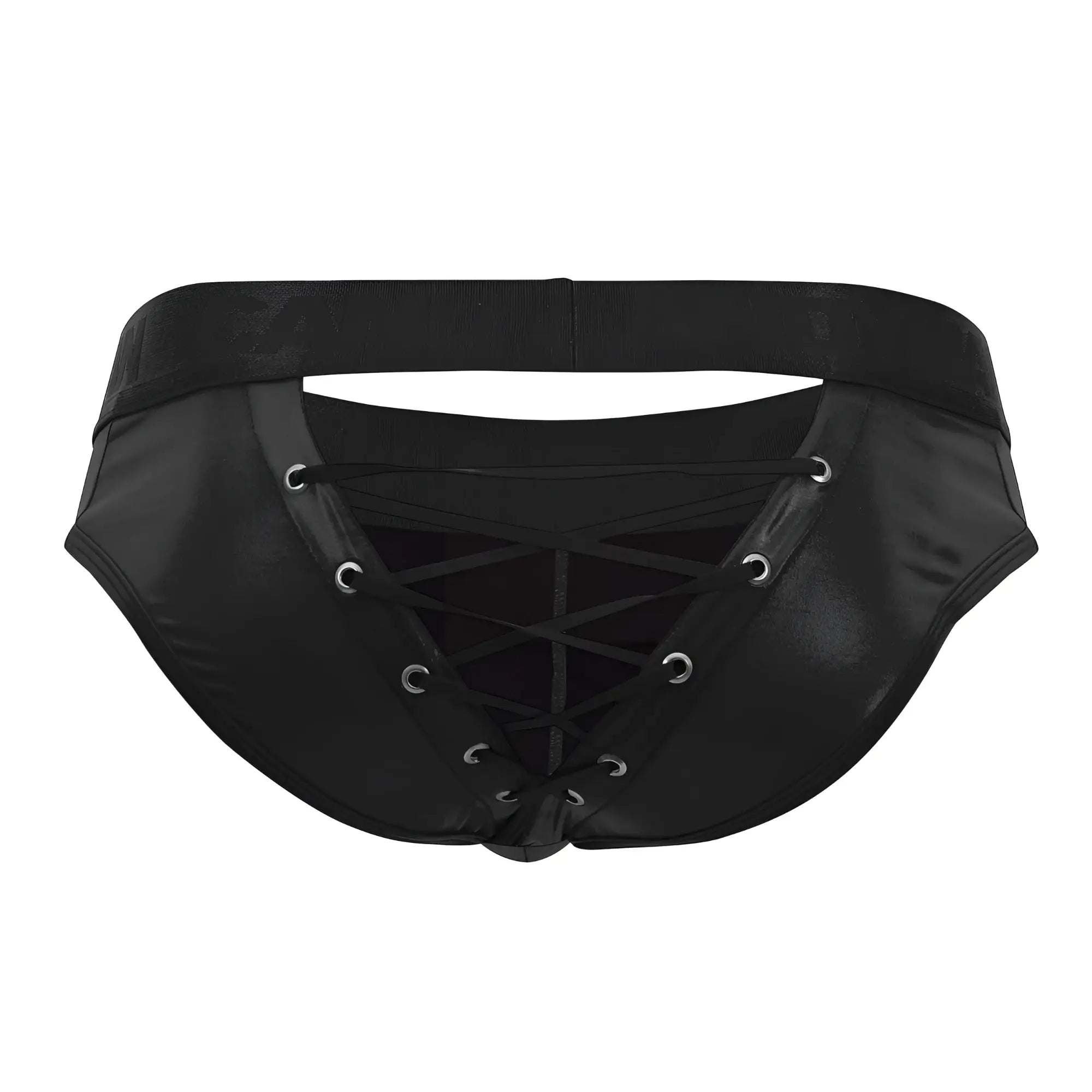 CandyMan 99641 shorty briefs in black black patent leather with silver grommet lace-up detailing