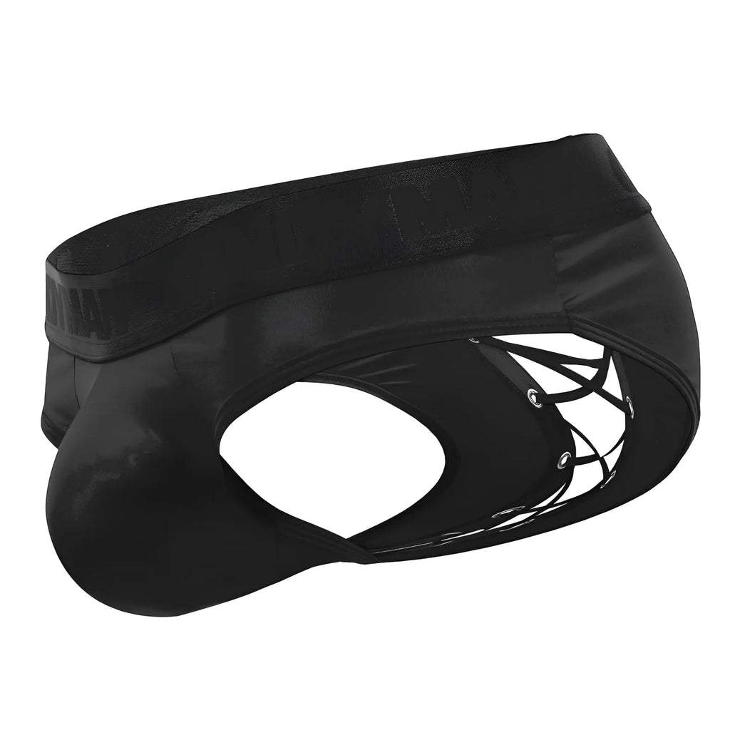 Black satin like CandyMan 99641 shorty briefs with lace up design and elastic waistband for men