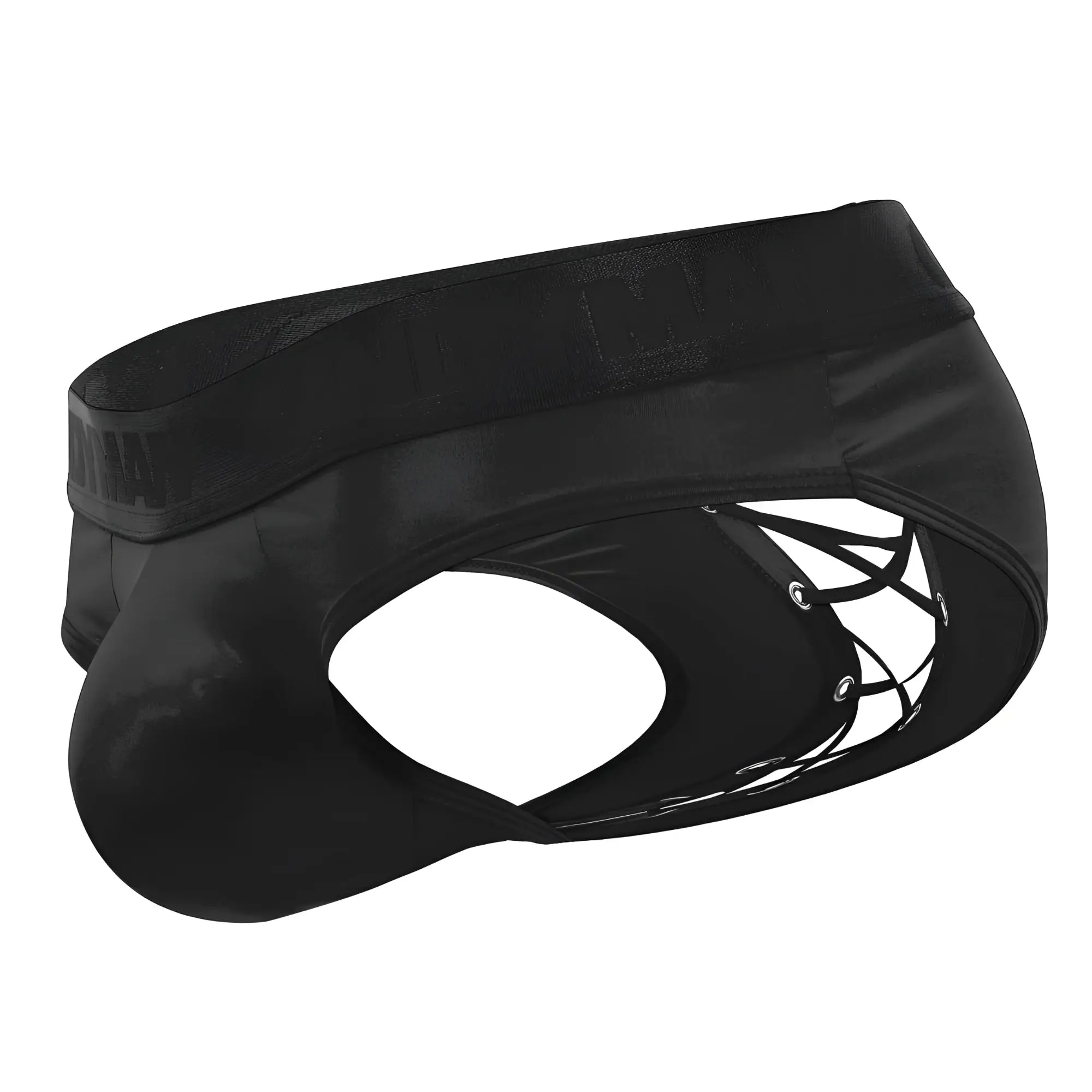 Black satin like CandyMan 99641 shorty briefs with lace up design and elastic waistband for men