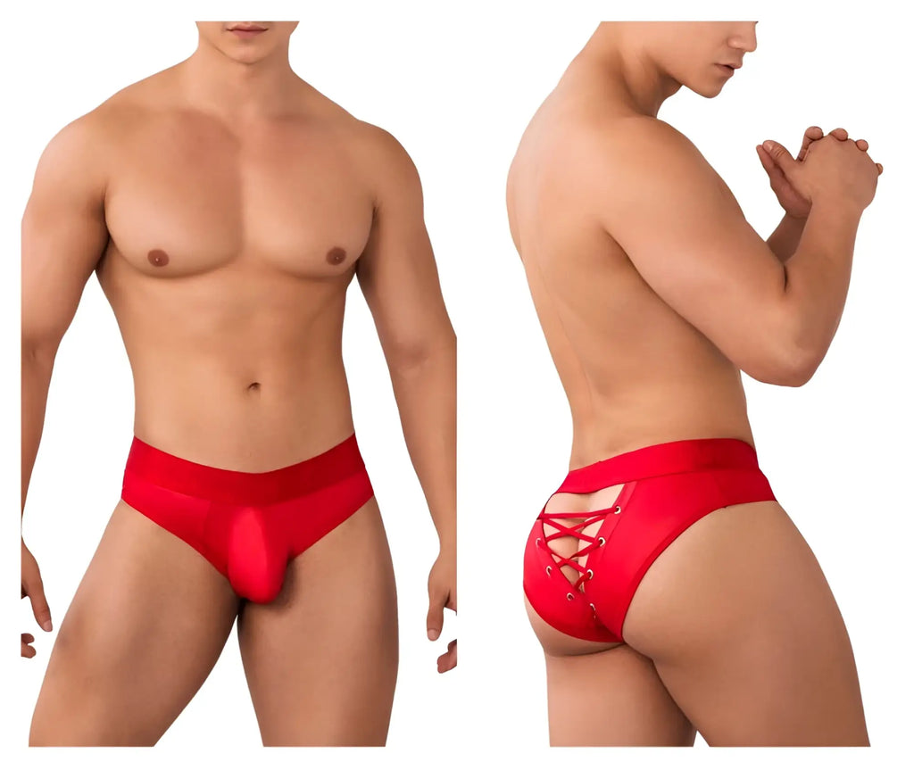 Red satin-like CandyMan 99641 shorty briefs for men with lace-up back detailing and vibrant red color