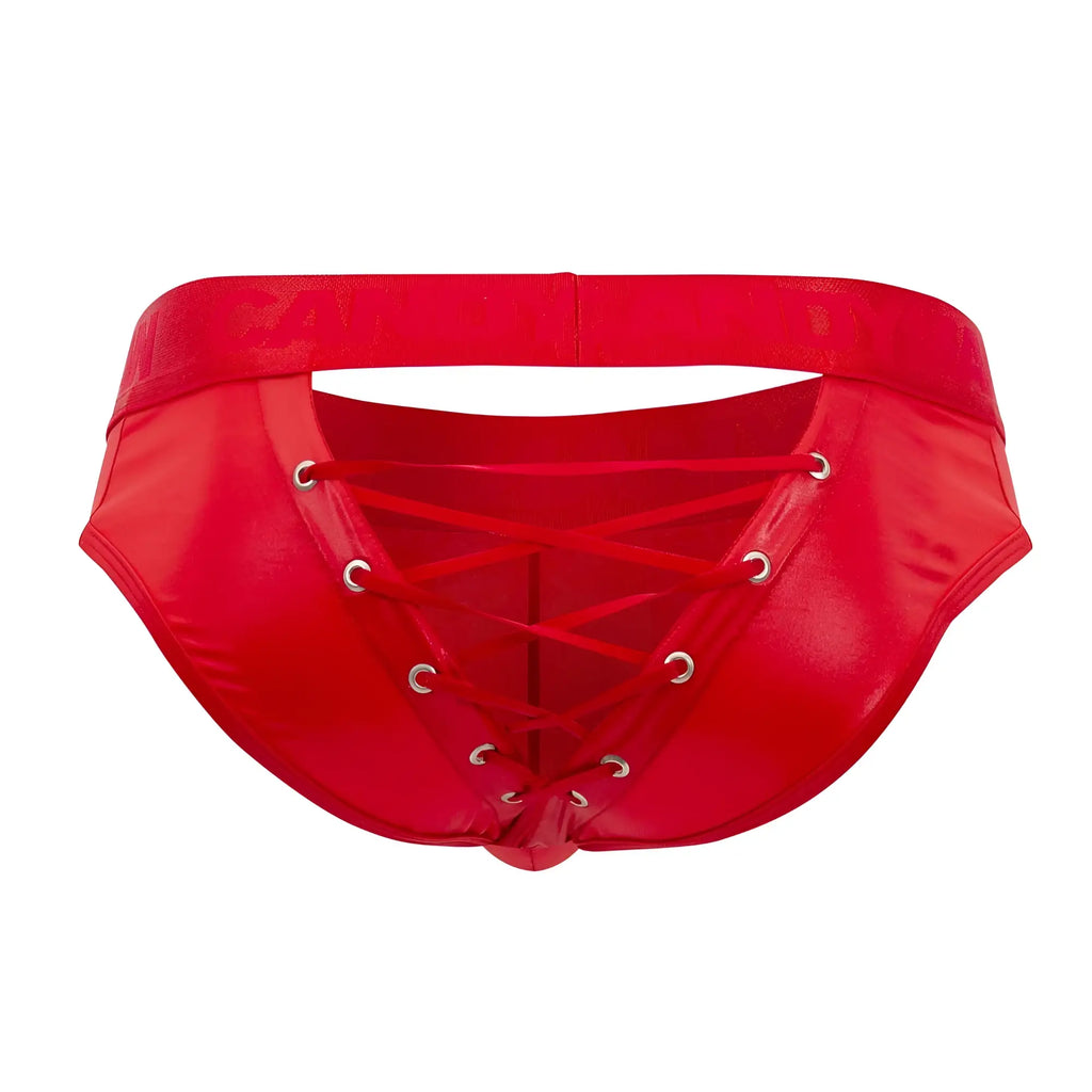 CandyMan 99641 shorty briefs in red patent leather with lace-up front and silver grommets for bold style