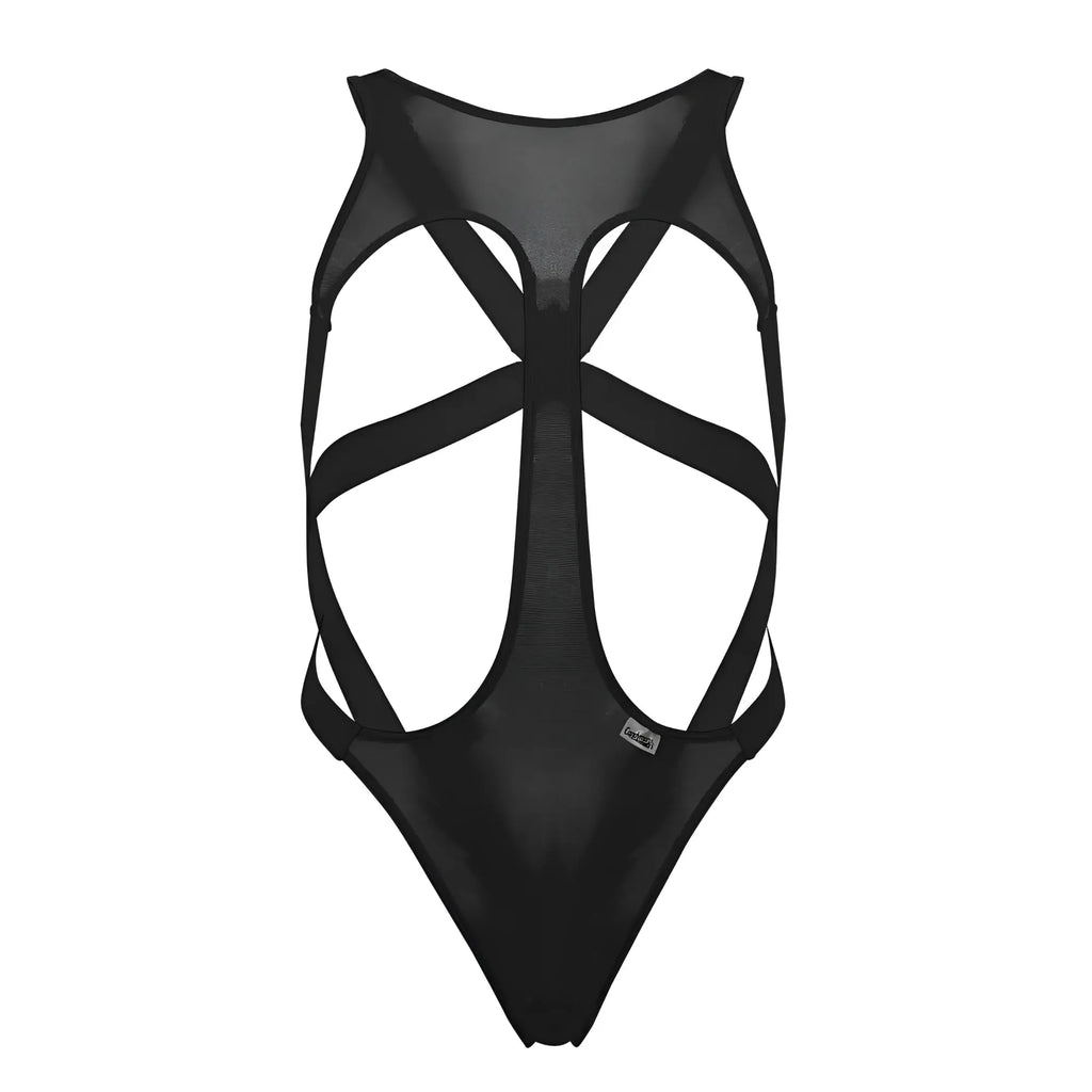 Black mesh one-piece swimsuit candyMan 99643 with crisscross strap design in black shown from the back side