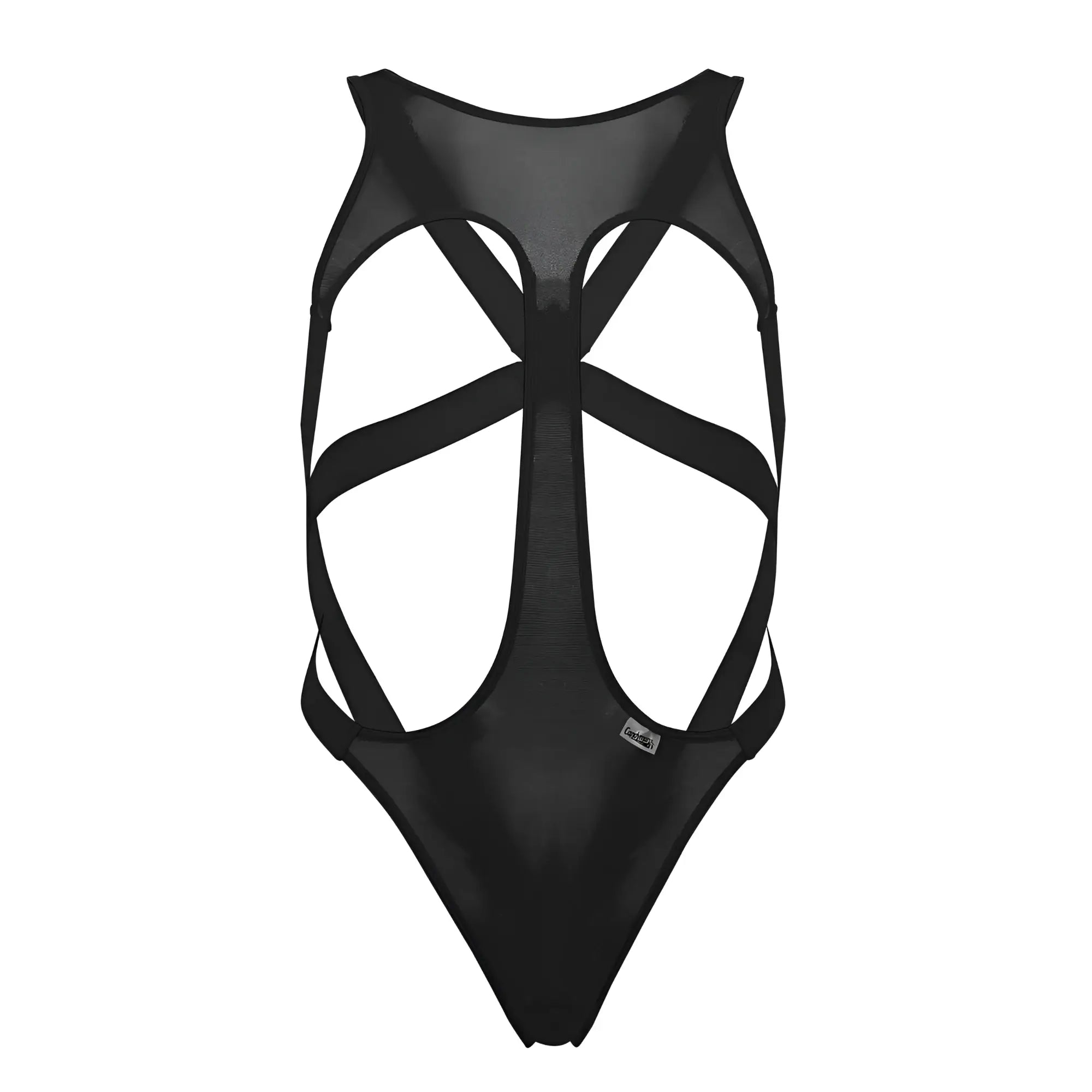 Black mesh one-piece swimsuit candyMan 99643 with crisscross strap design in black shown from the back side