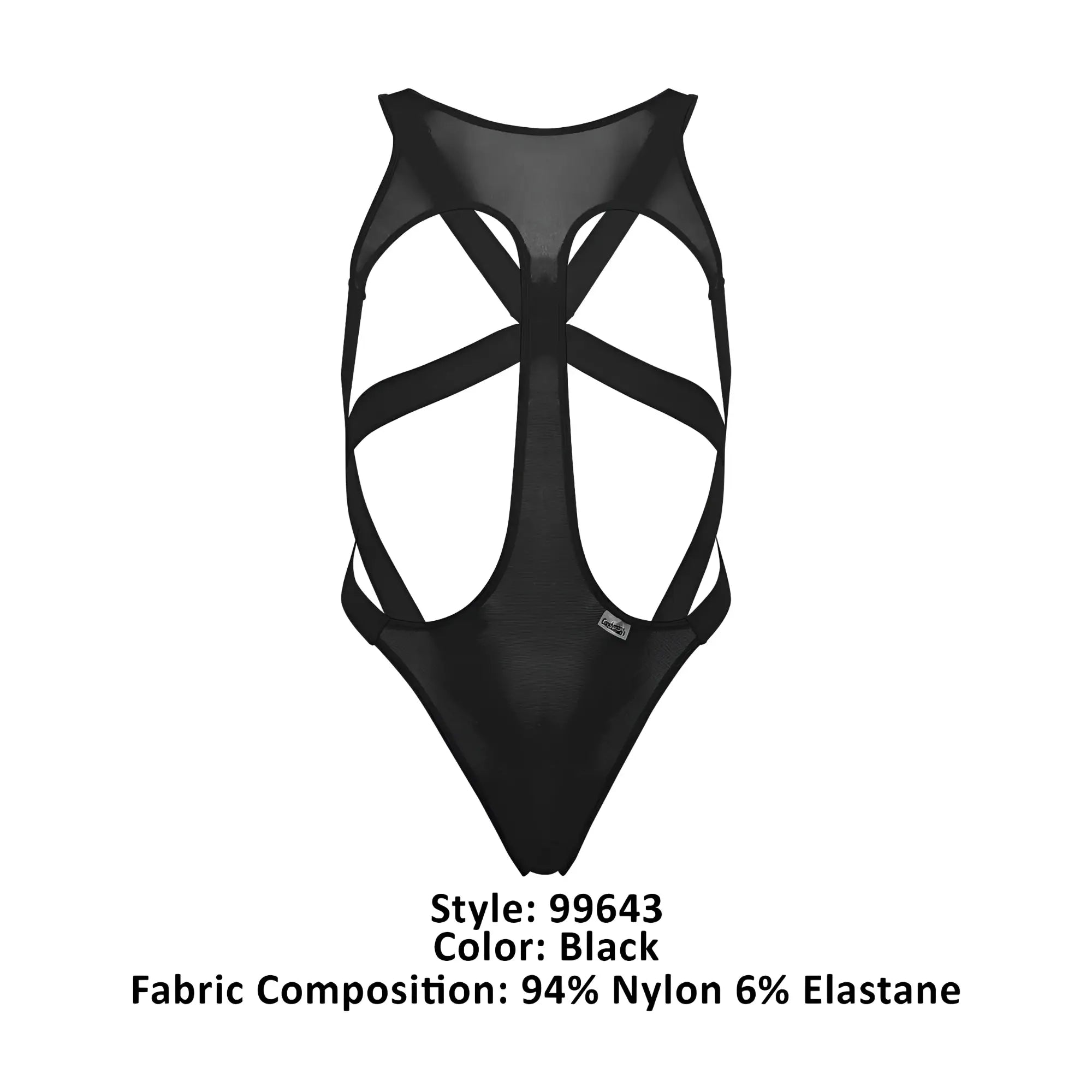 Black CandyMan 99643 mesh bodysuit back side showing sheer mesh and crisscrossing elastic straps