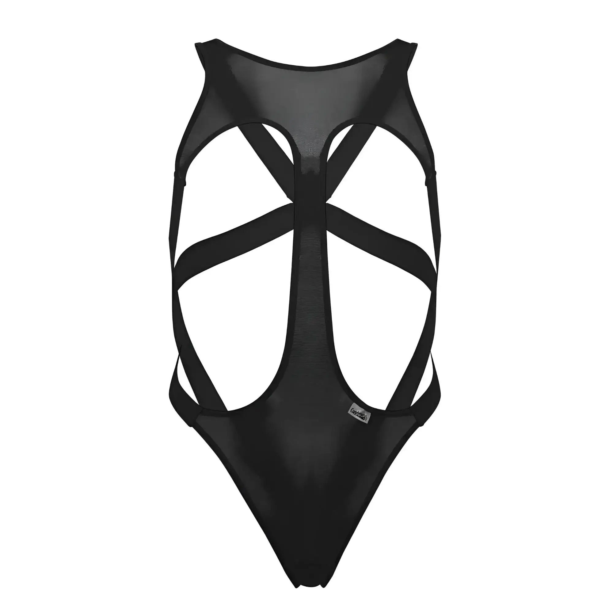 Black mesh one-piece swimsuit candyMan 99643 with crisscross strap design in black shown from the back side