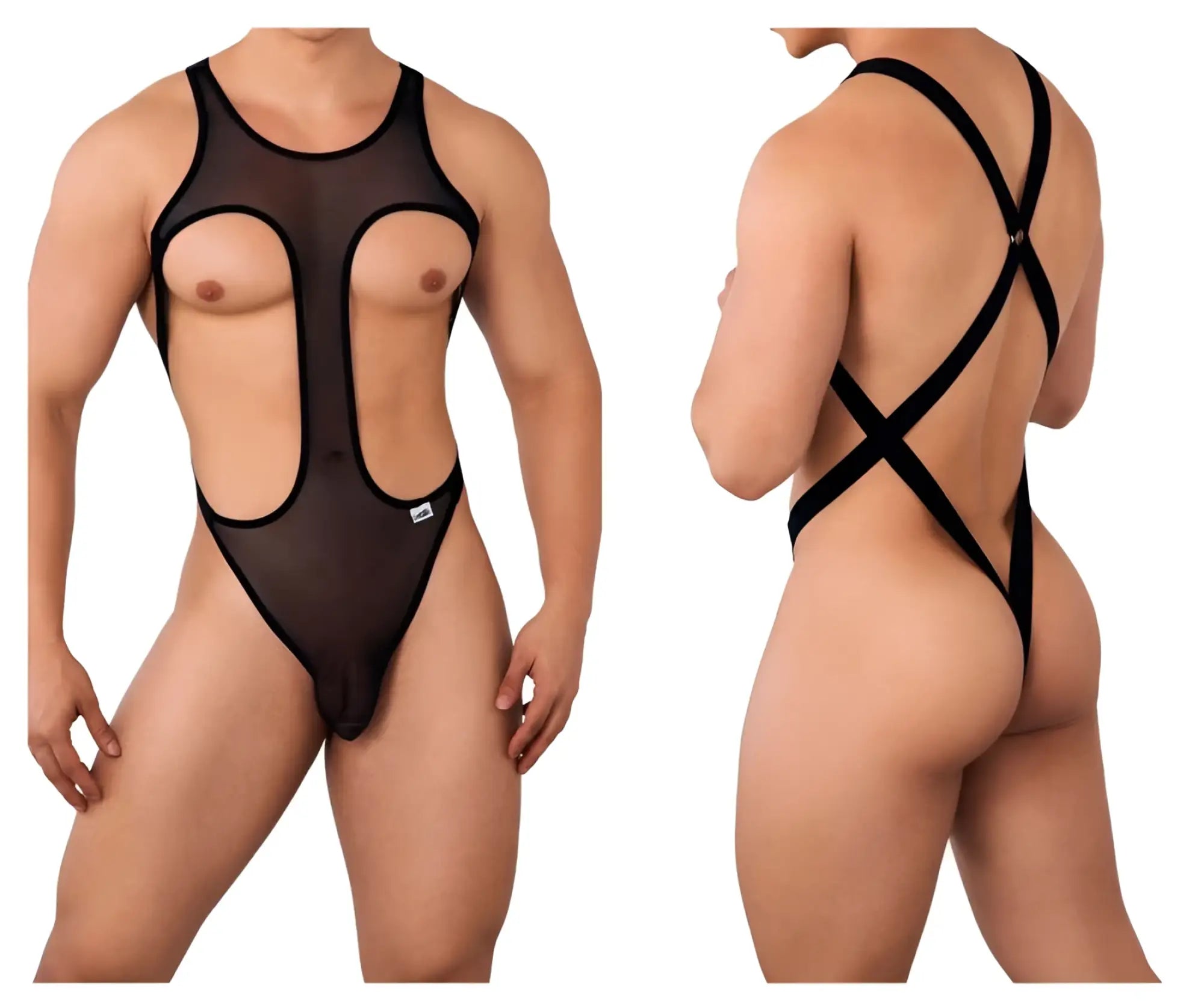 Black sheer mesh one-piece swimsuit candyMan 99643 with black elastic straps and cutouts in black color