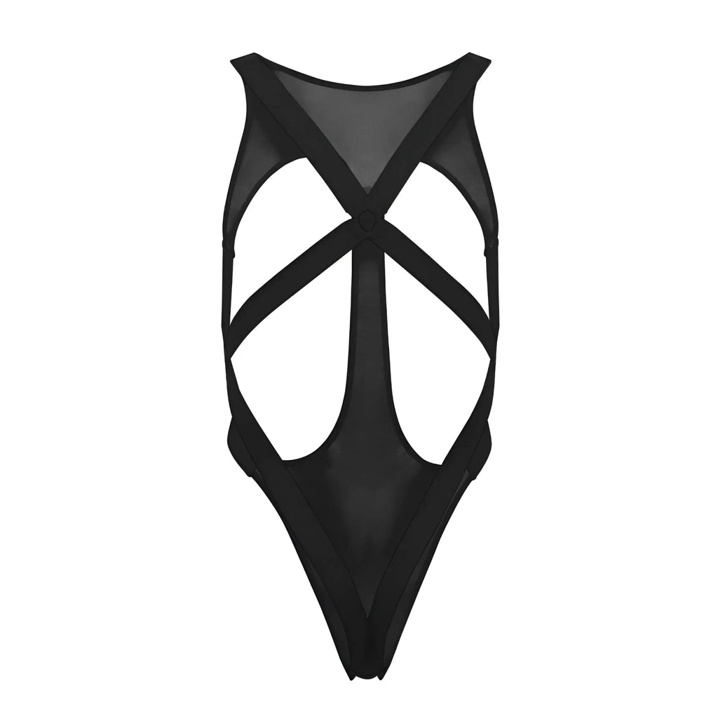 Black sheer mesh one-piece swimsuit candyman 99643 with bold crisscross cutouts and high-cut leg design