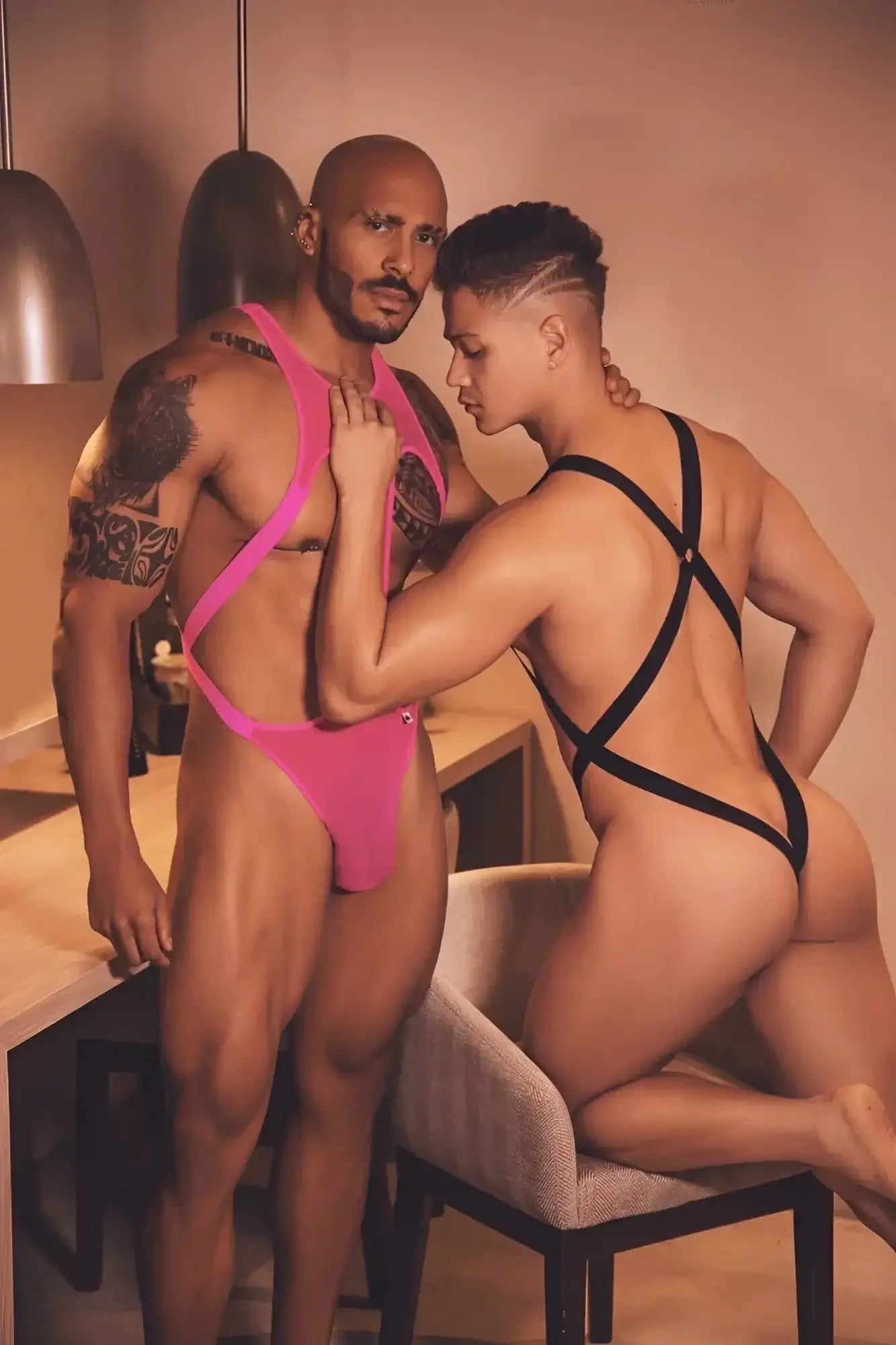 CandyMan 99643 mesh bodysuit in black featuring pink and black strappy cut-out design in mesh fabric