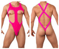 Bright pink sheer mesh one-piece swimsuit candyMan 99643 with cutout front and crisscross back straps shown from back