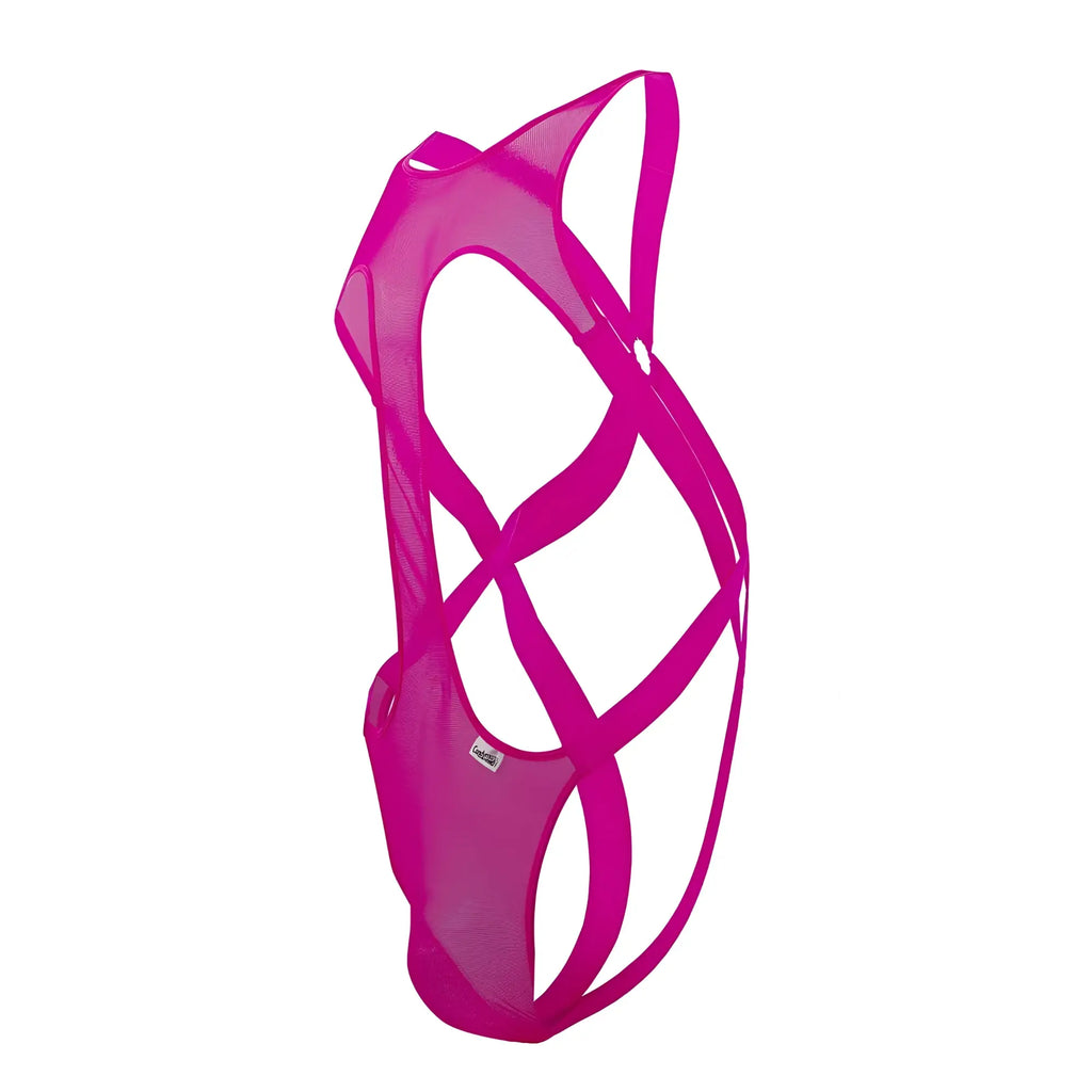 Fuschia mesh strappy bodysuit with crisscross design hot pink candyMan 99643 for bold fashion statements