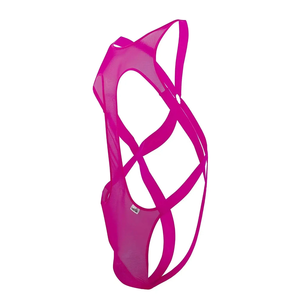 Fuschia mesh strappy bodysuit with crisscross design hot pink candyMan 99643 for bold fashion statements