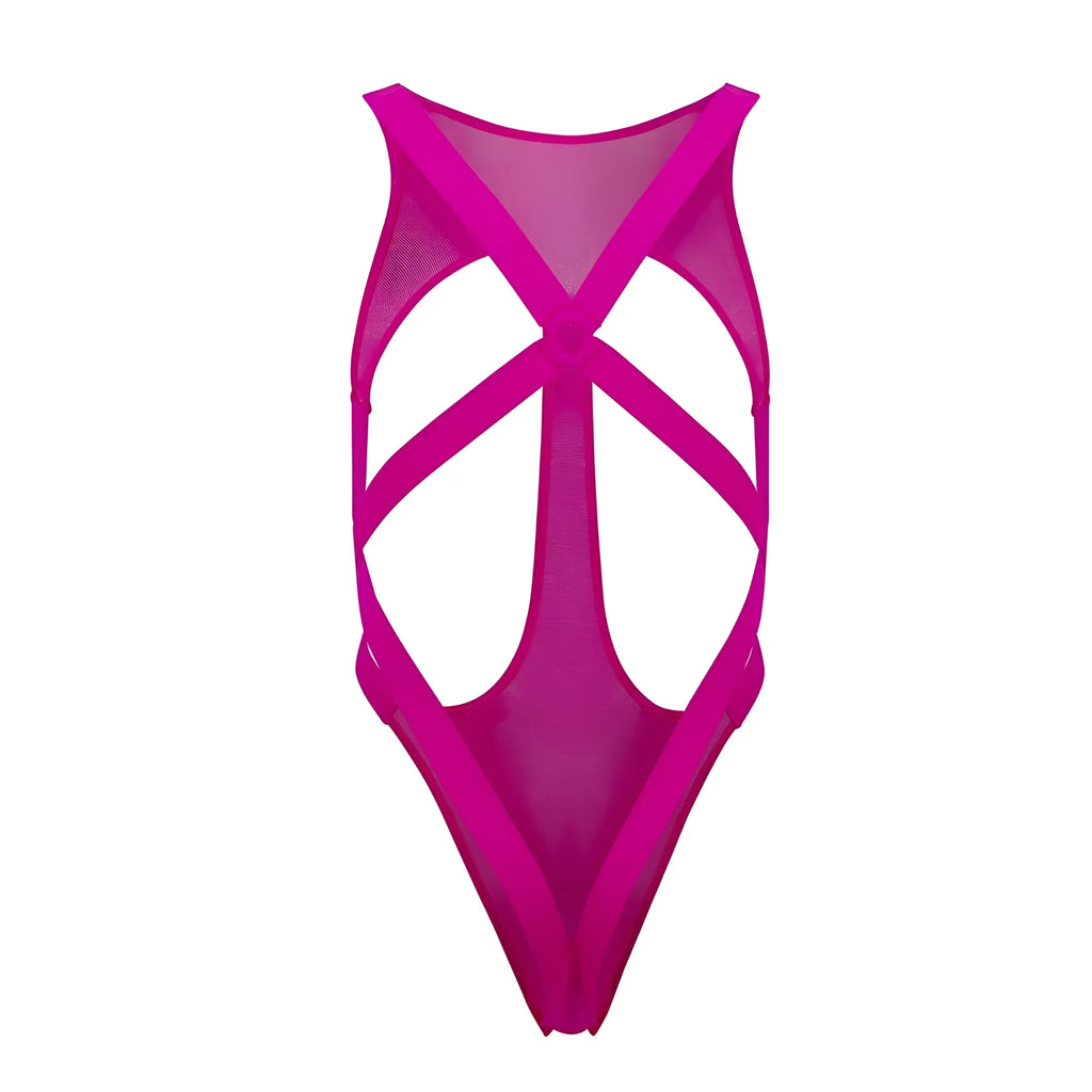 A vibrant hot pink CandyMan 99643 mesh bodysuit with a bold crisscross back design shown from the back side