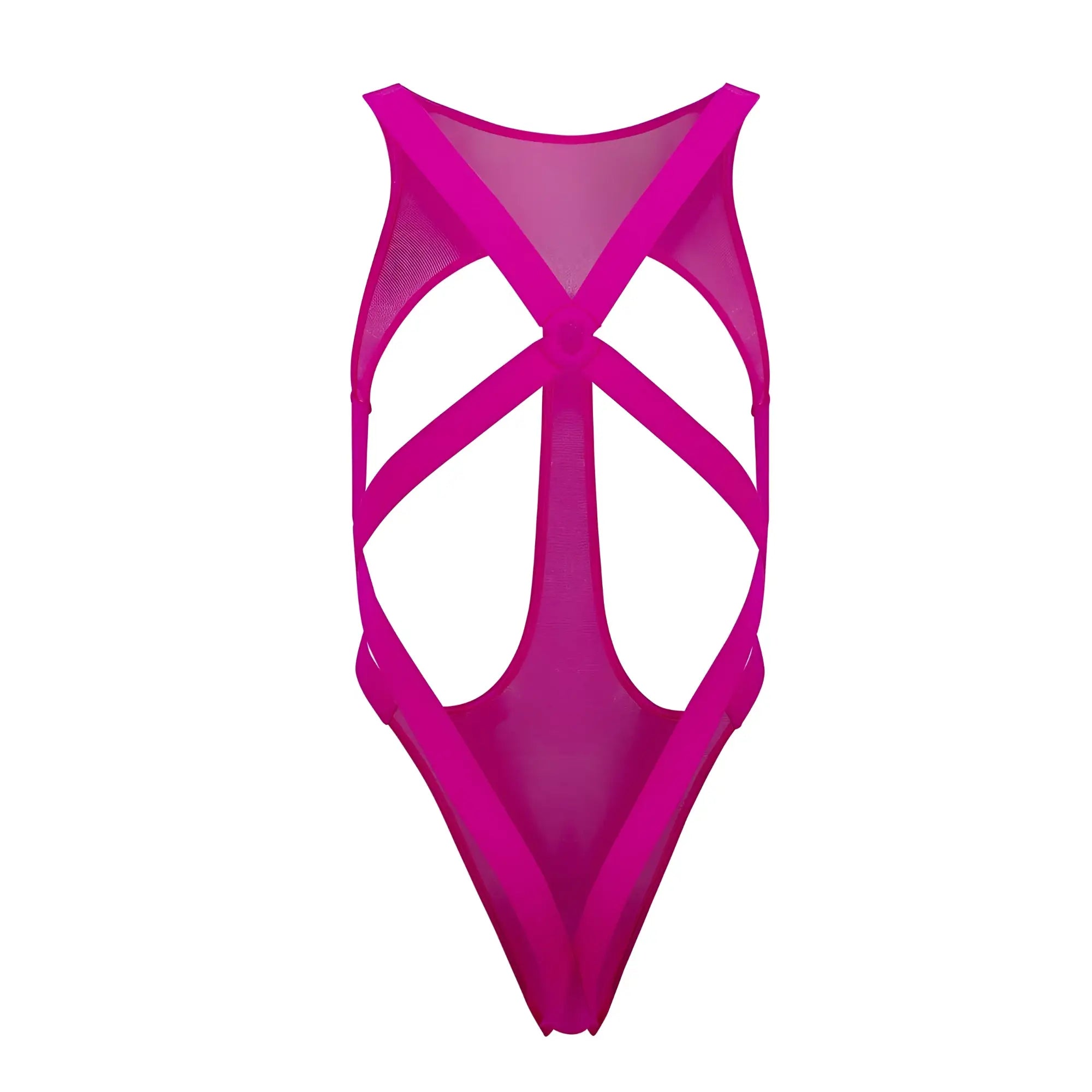 A vibrant hot pink CandyMan 99643 mesh bodysuit with a bold crisscross back design shown from the back side