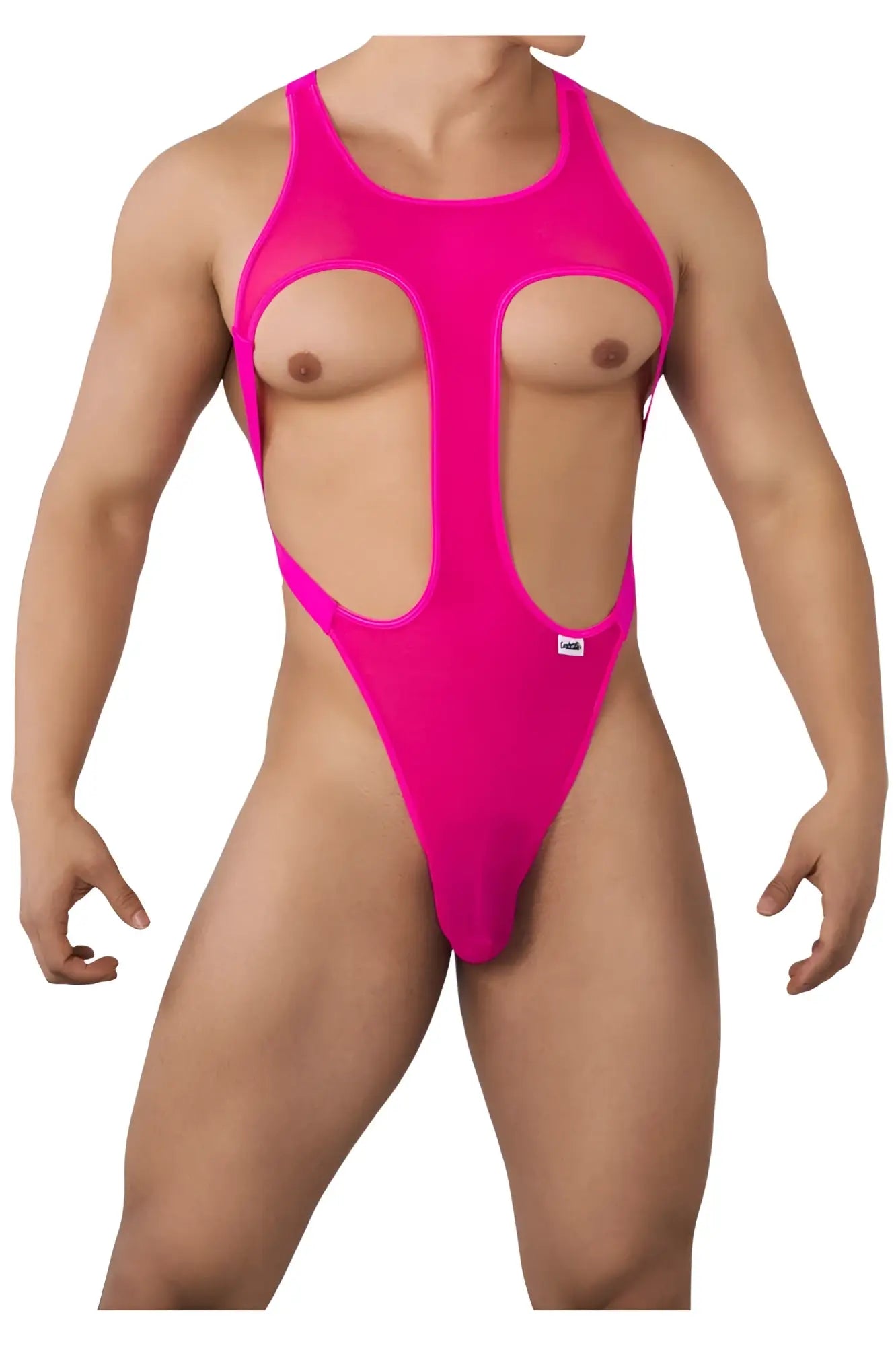 Vibrant hot pink CandyMan 99643 mesh one-piece bodysuit with cutout design in fuchsia color