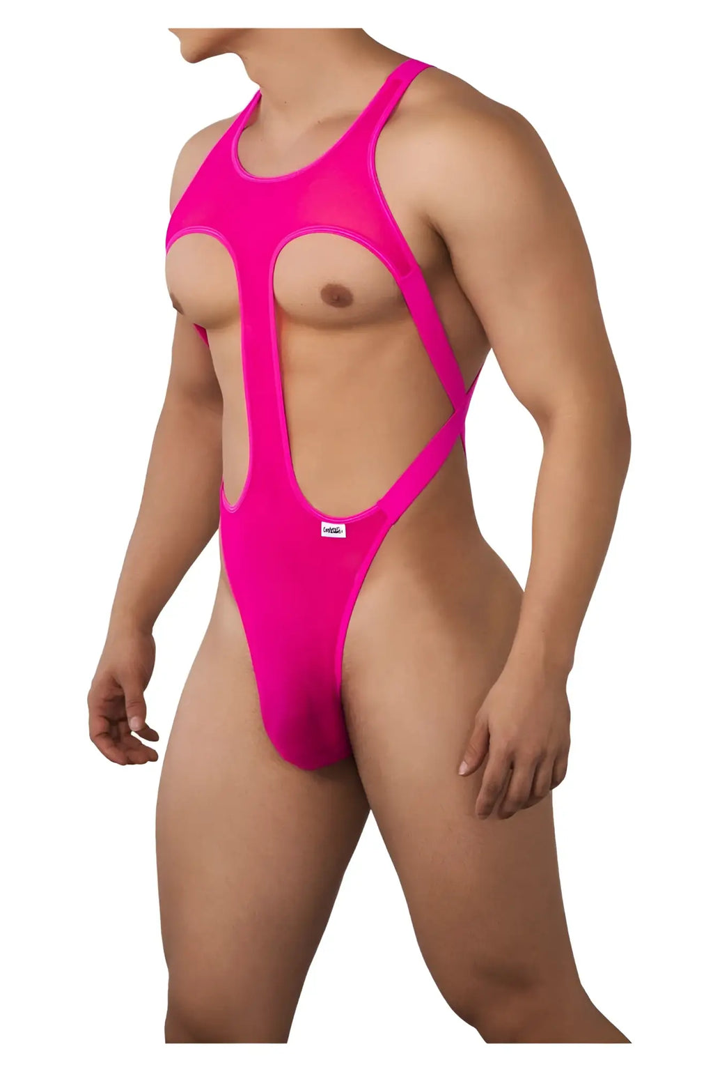 CandyMan 99643 vibrant hot pink sheer mesh one-piece swimsuit with cutout design for stylish beachwear