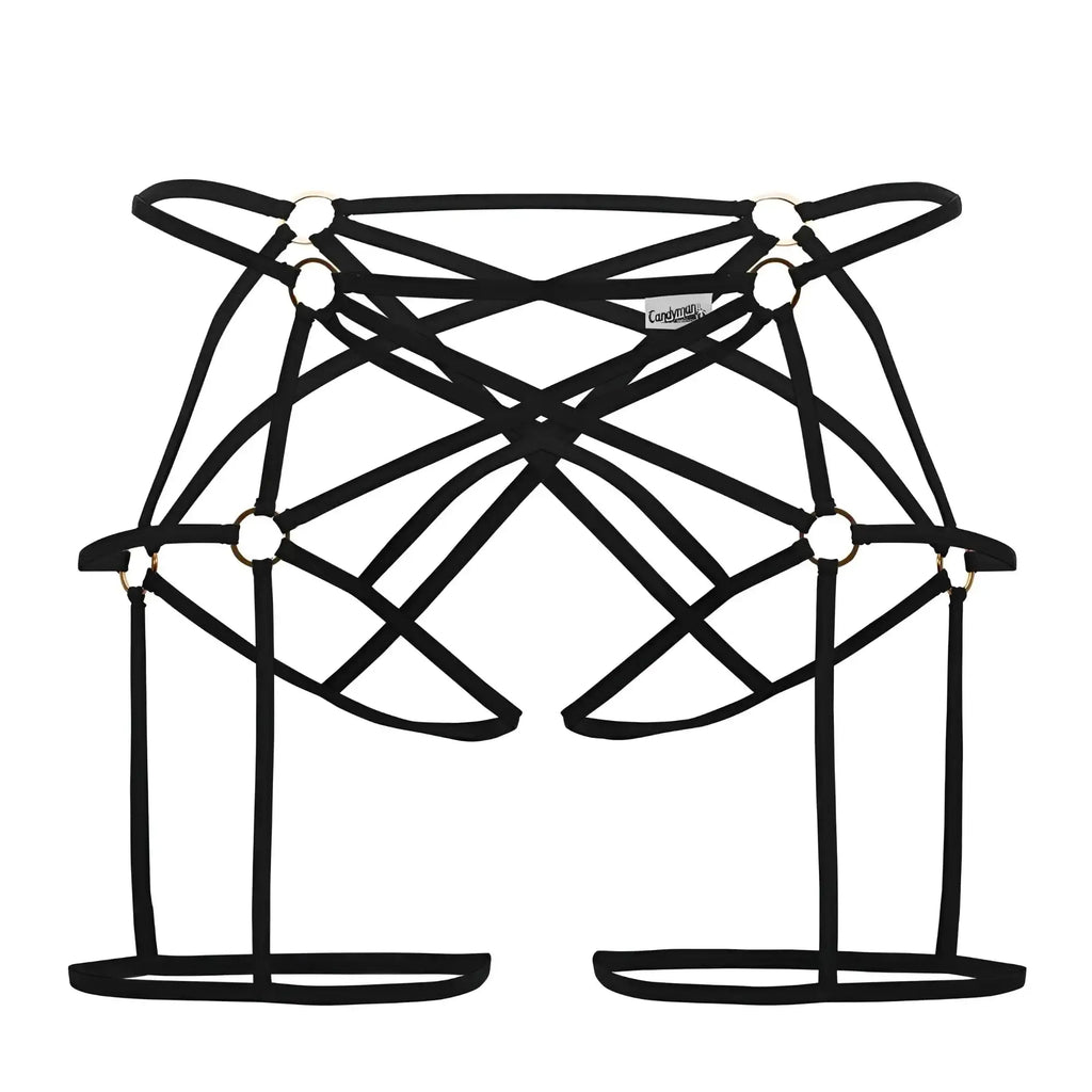 Black candyMan 99646 cage jockstrap with lace-up straps gold metal rings and minimalist geometric design