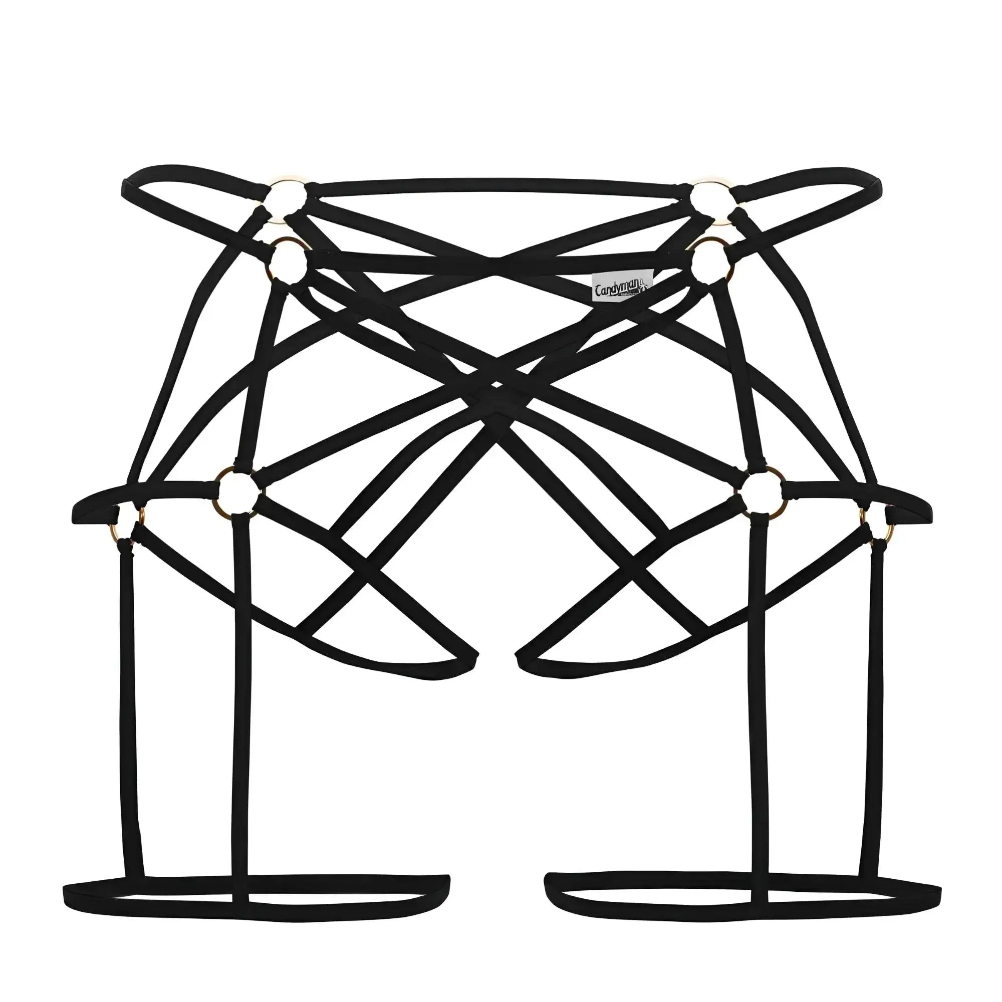 Black candyMan 99646 cage jockstrap with lace-up straps gold metal rings and minimalist geometric design