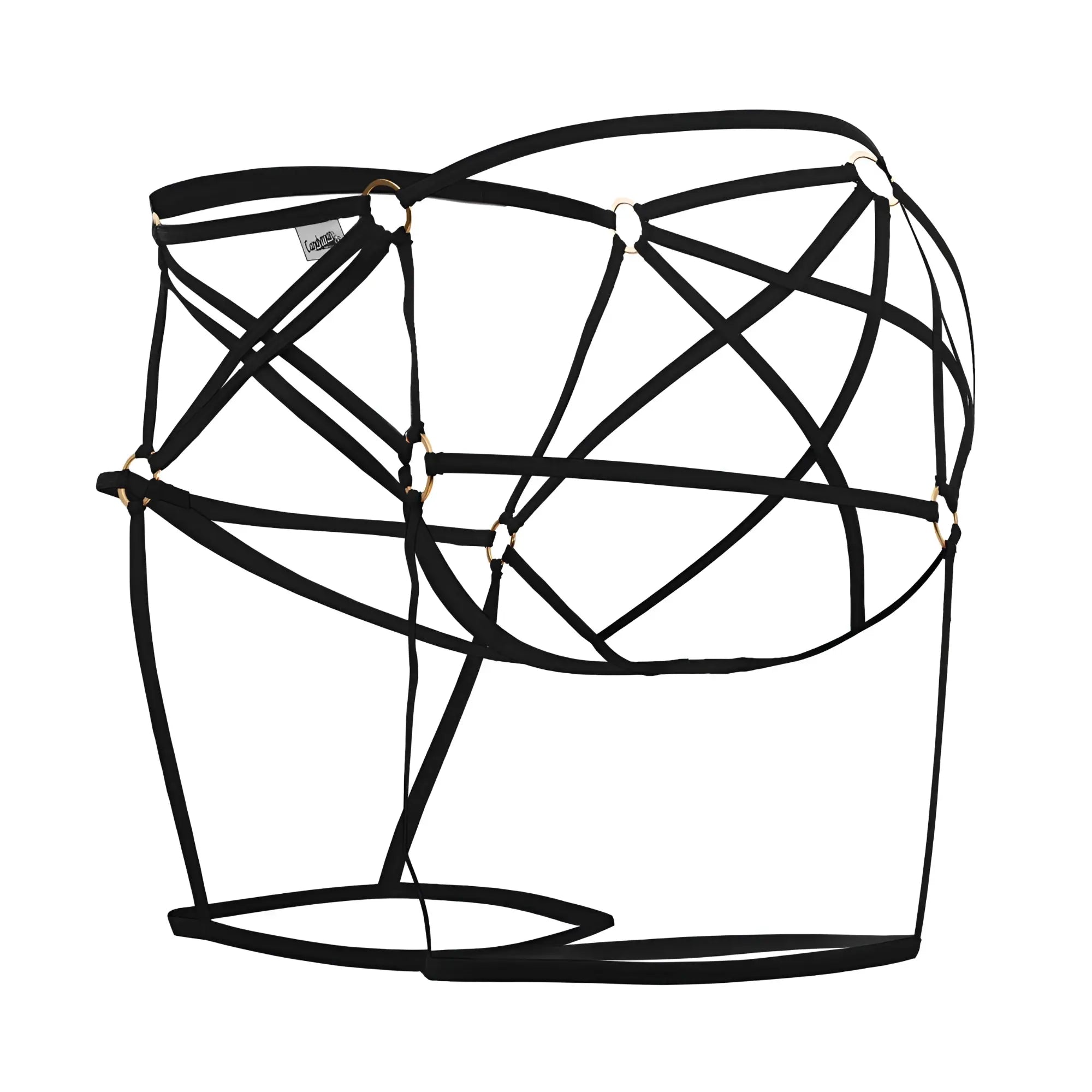 Black lace-up harness cage jockstrap with gold-toned metal rings from candyman in color black