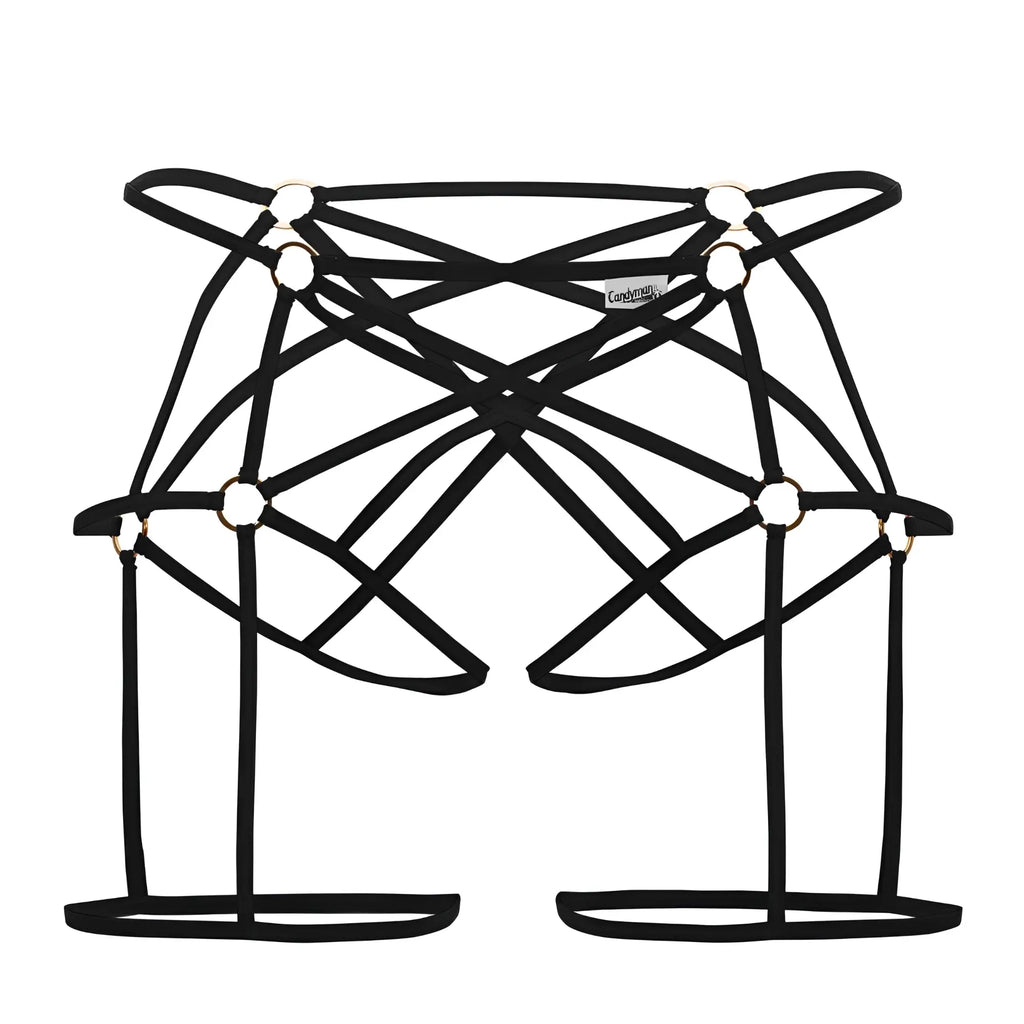 Black candyMan 99646 cage jockstrap with lace-up straps gold metal rings and minimalist geometric design