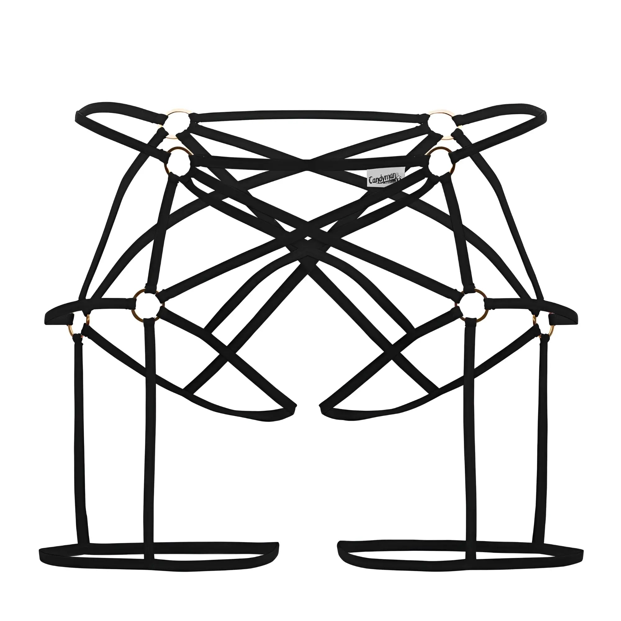 Black candyMan 99646 cage jockstrap with lace-up straps gold metal rings and minimalist geometric design