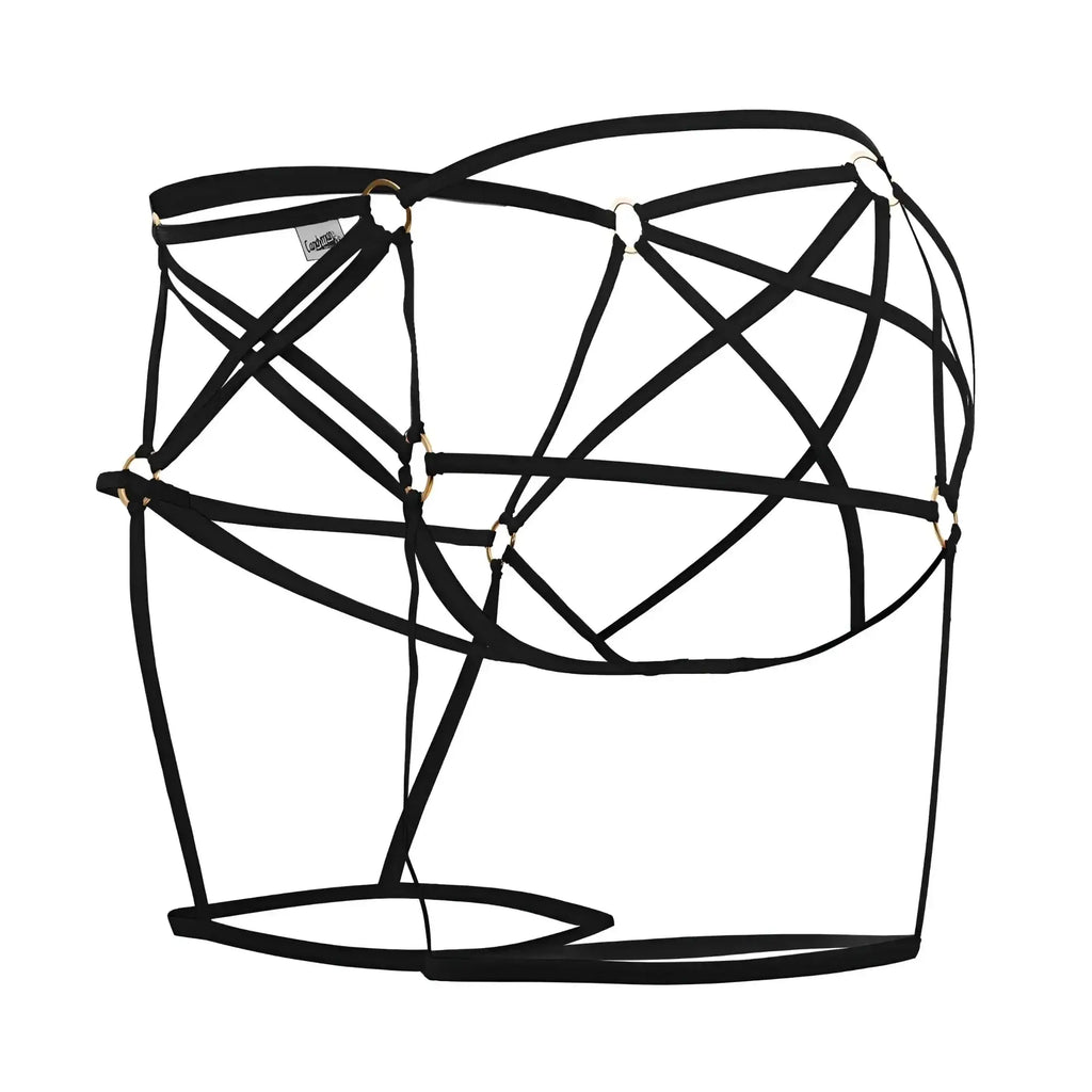 Black lace-up harness cage jockstrap with gold-toned metal rings from candyman in color black