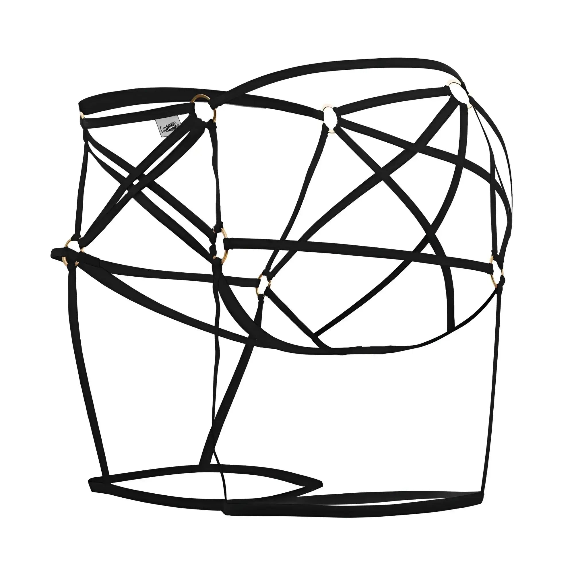 Black lace-up harness cage jockstrap with gold-toned metal rings from candyman in color black
