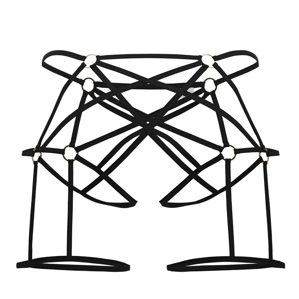 Black candy man 99646 cage jockstrap with strappy harness, crisscross design, and gold toned metal rings