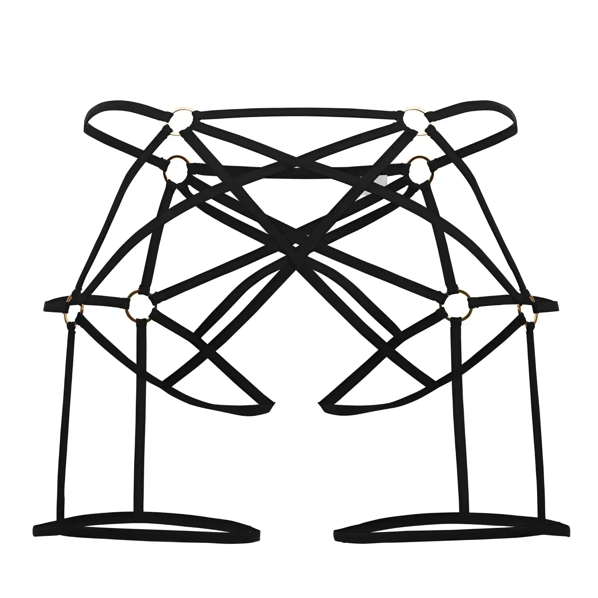 Black candy man 99646 cage jockstrap with strappy harness, crisscross design, and gold toned metal rings