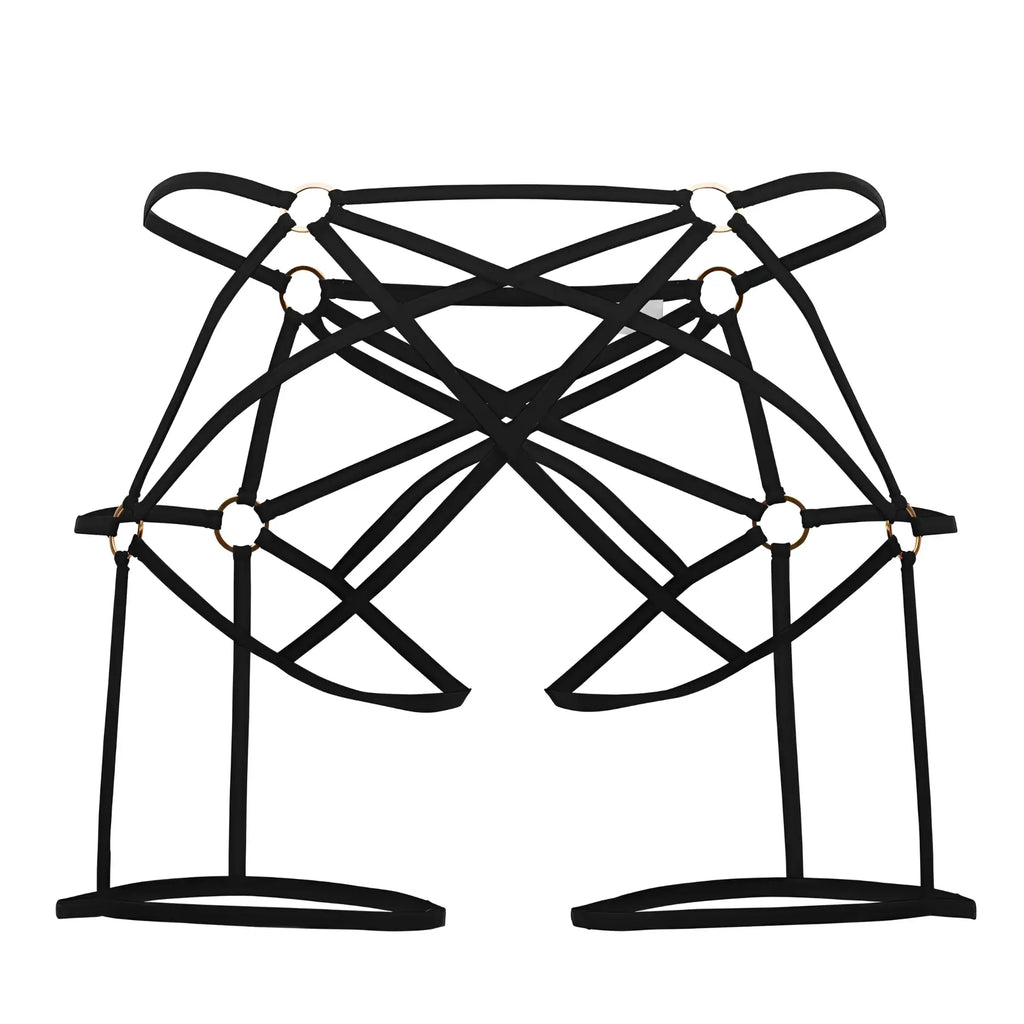 Black candy man 99646 cage jockstrap with strappy harness, crisscross design, and gold toned metal rings