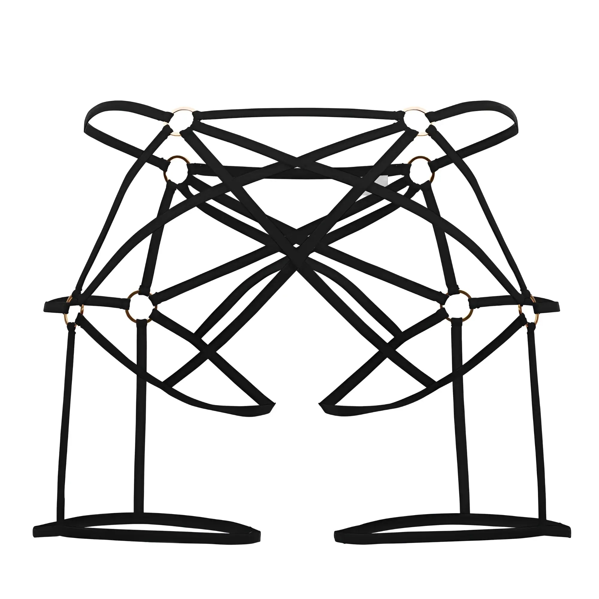 Black candy man 99646 cage jockstrap with strappy harness, crisscross design, and gold toned metal rings