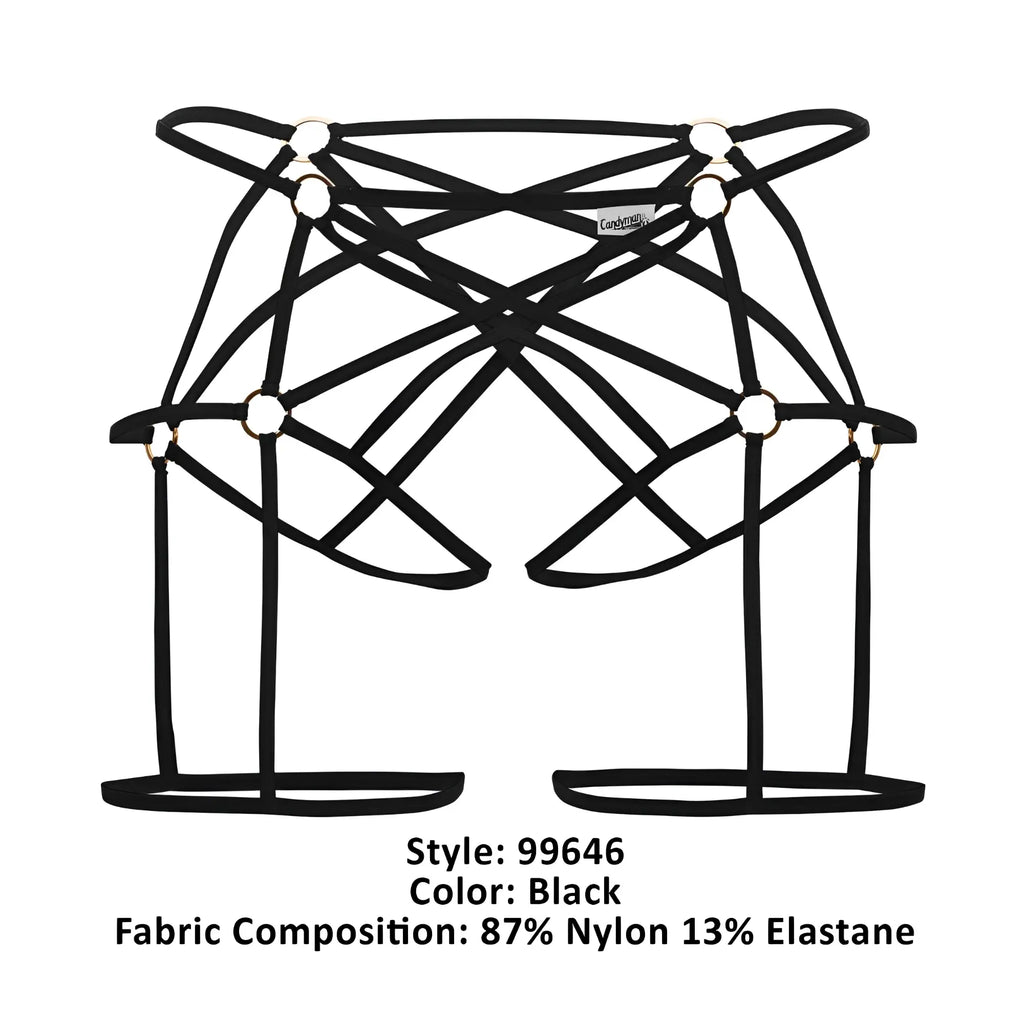 Black strappy harness style shorts with crisscross design and metallic hardware from candyman 99646 cage jockstrap