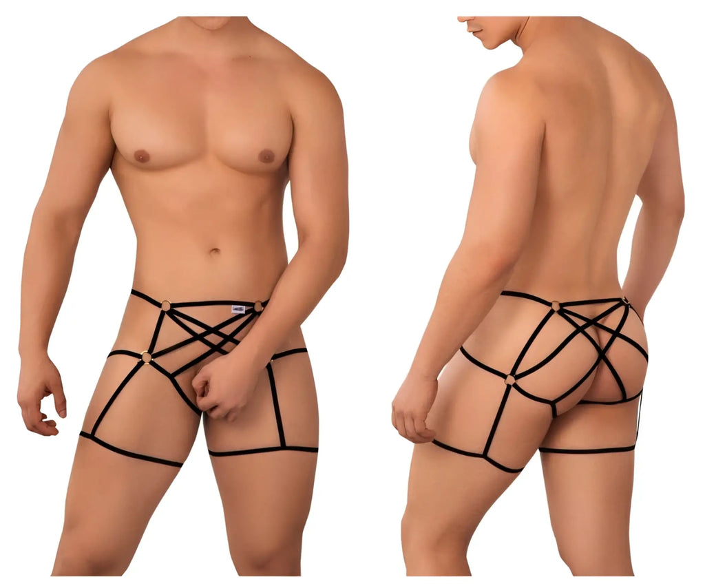 Black strappy harness-style candy man 99646 cage jockstrap with gold-toned metal clasps in black color