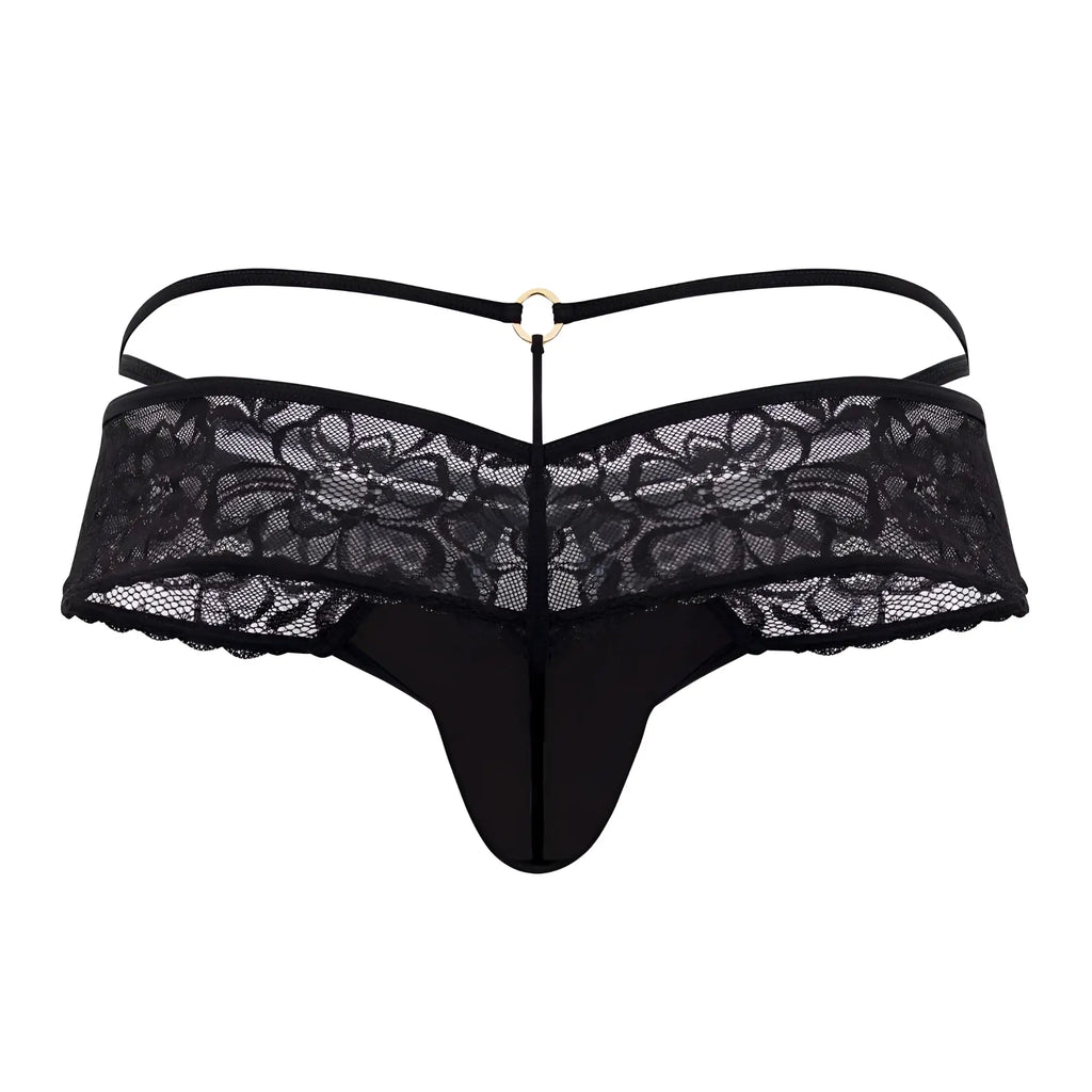 Black lace thong candyMan 99647 with delicate floral pattern and central metal ring shown from the back side