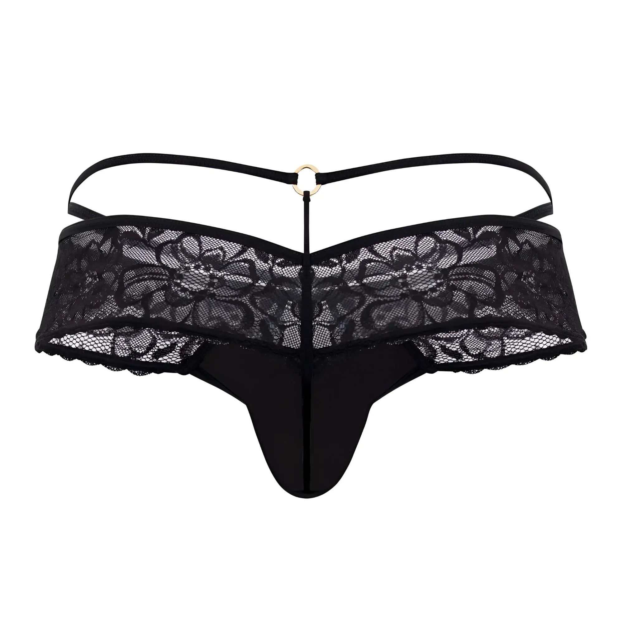 Black lace thong candyMan 99647 with delicate floral pattern and central metal ring shown from the back side