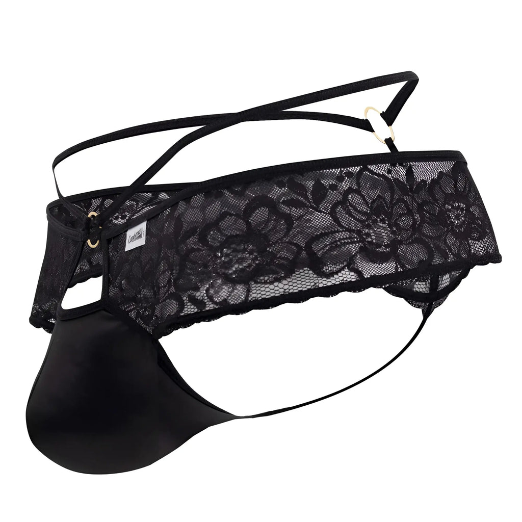 Black lace thong candyMan 99647 with floral pattern and satin-like front panel in black color