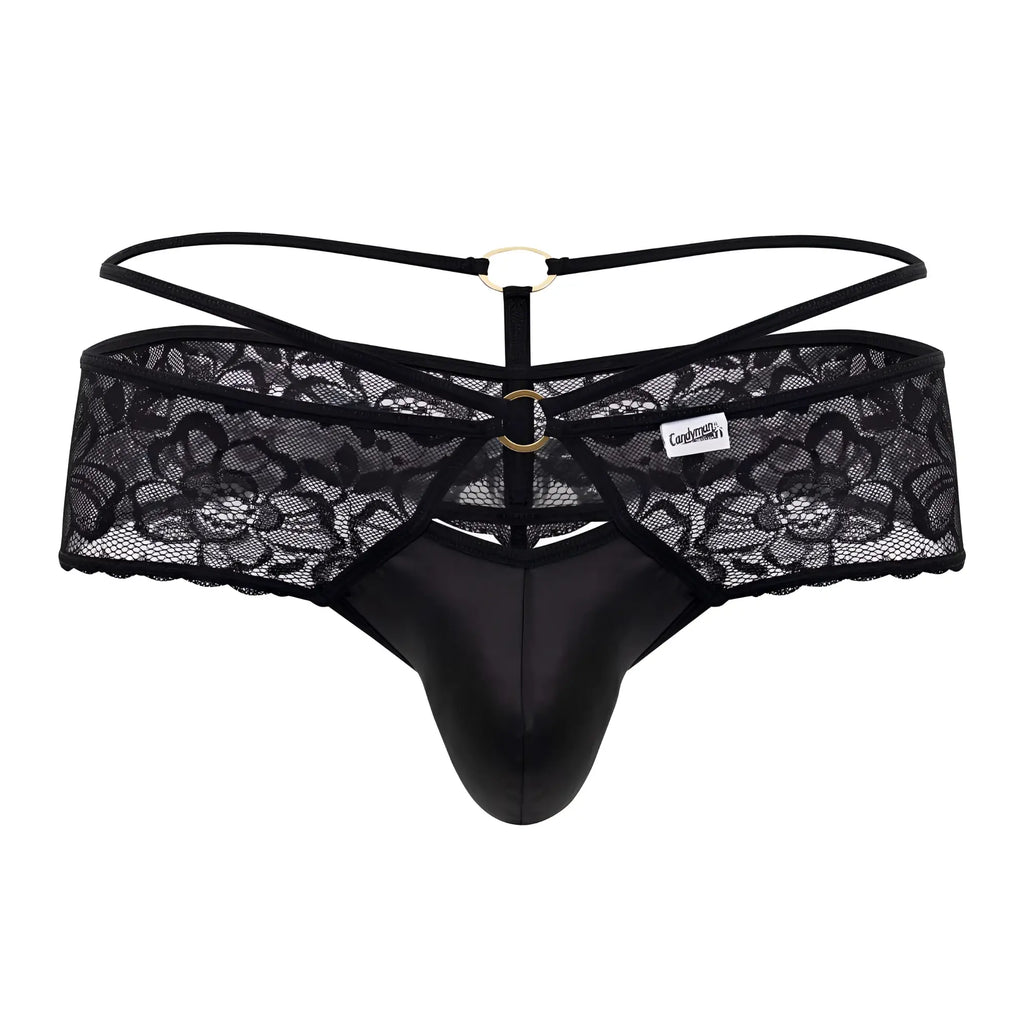 Black lace thong candy man 99647 with satin front panel and gold toned metal rings in black color