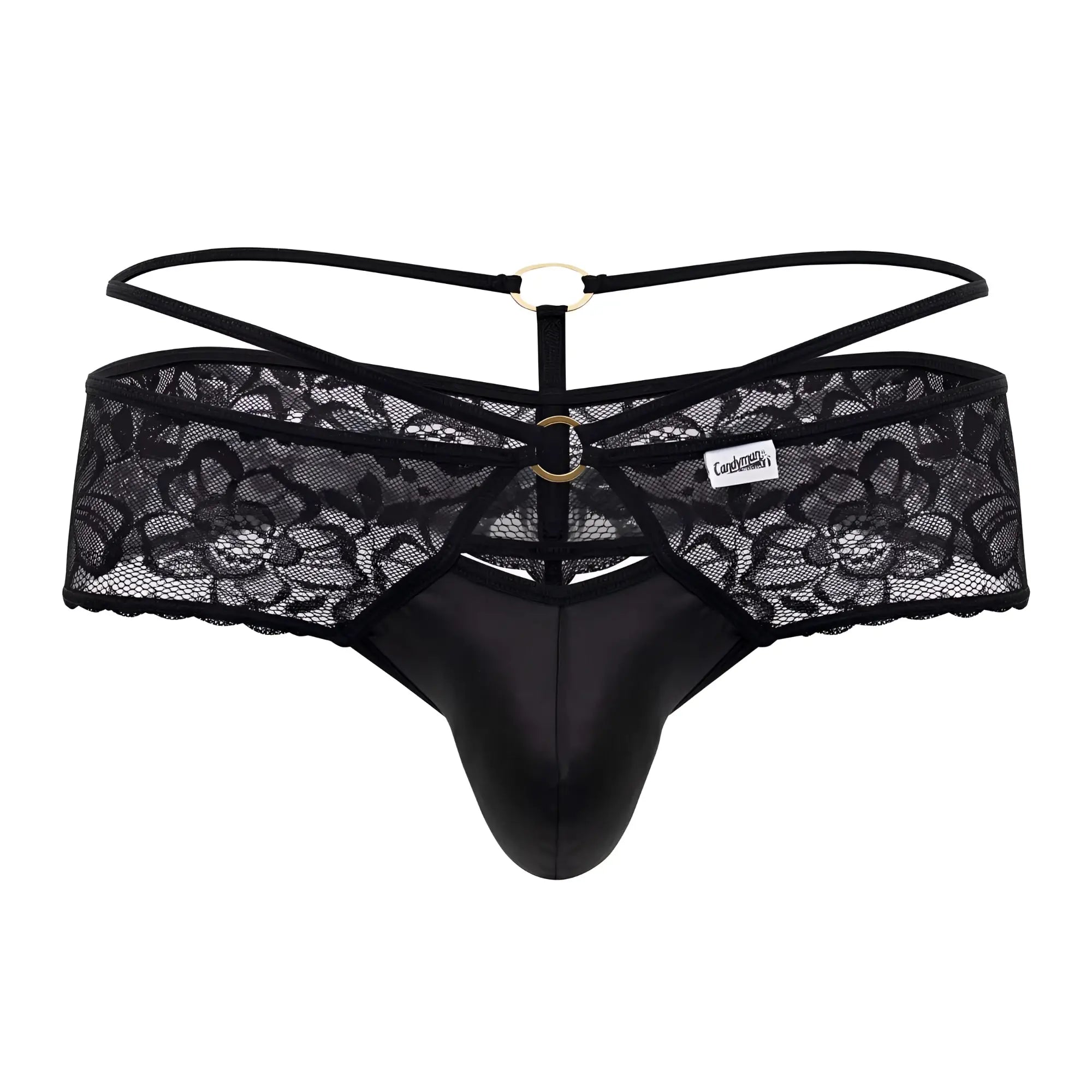 Black lace thong candy man 99647 with satin front panel and gold toned metal rings in black color