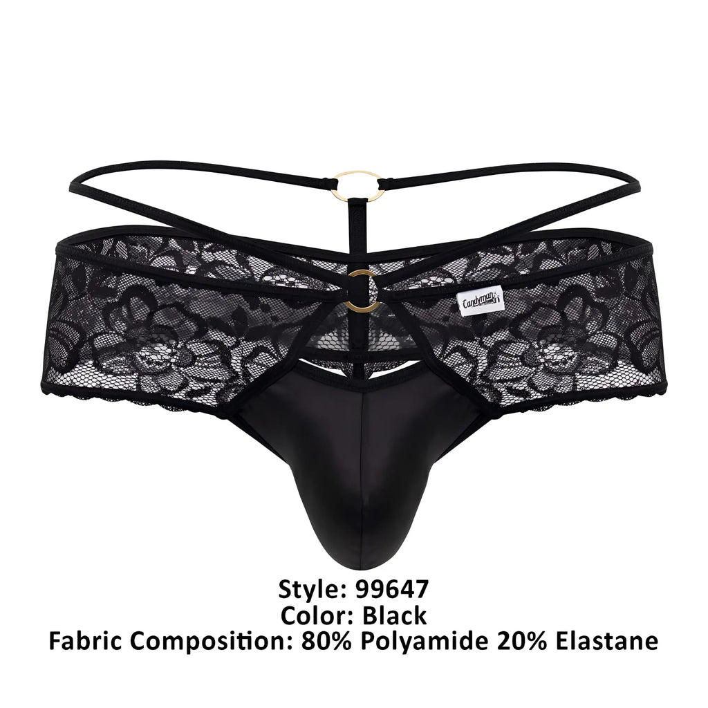 Black lace thong candyman 99647 with smooth glossy front panel and adjustable straps with gold-toned rings
