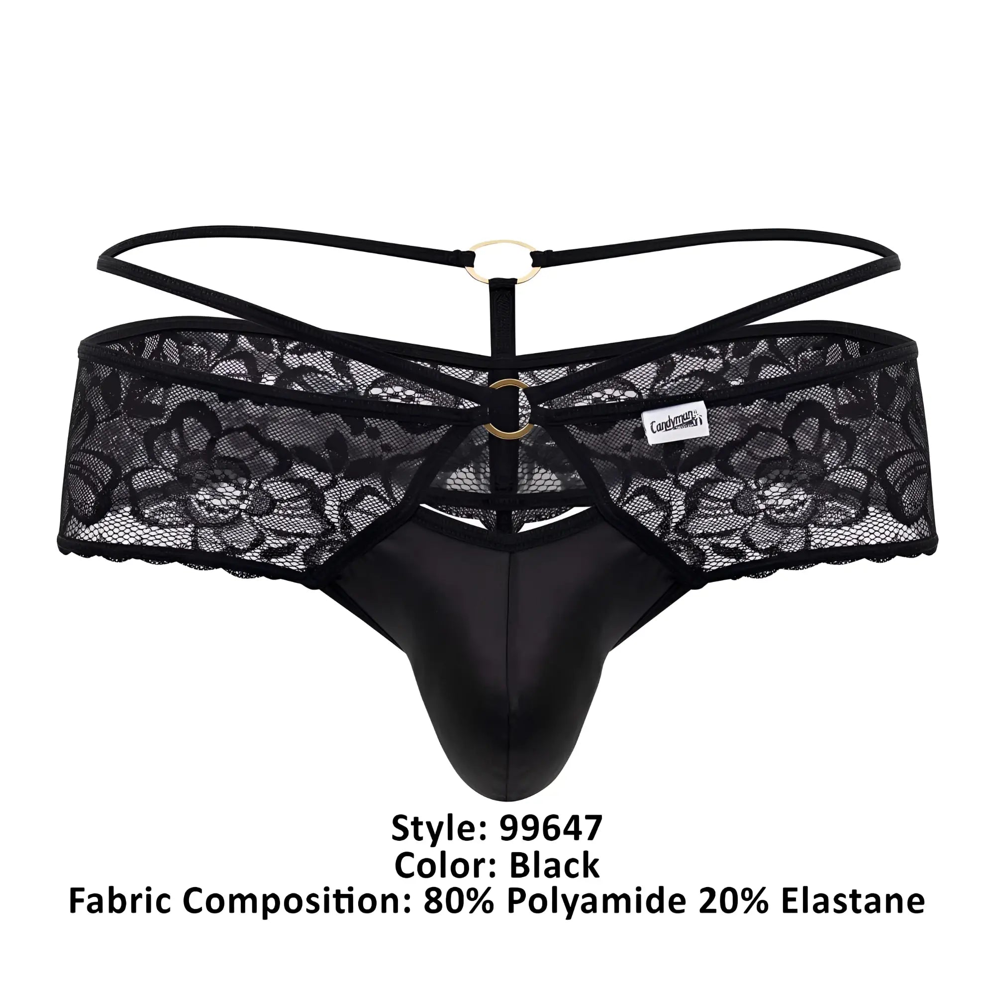 Black lace thong candyman 99647 with smooth glossy front panel and adjustable straps with gold-toned rings