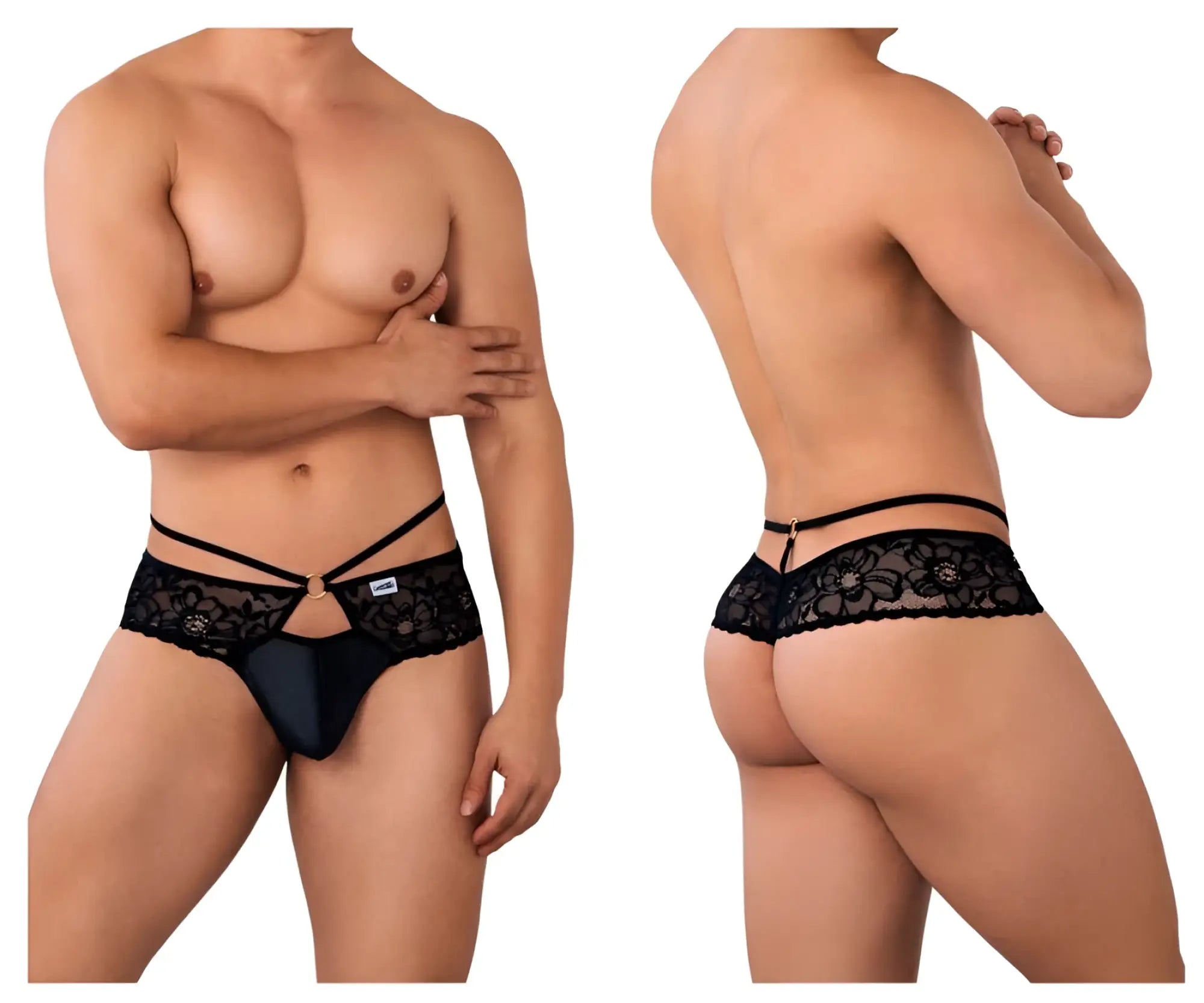 Black candyMan 99647 lace thong with gold-tone clasp and crisscross straps featuring lace trim